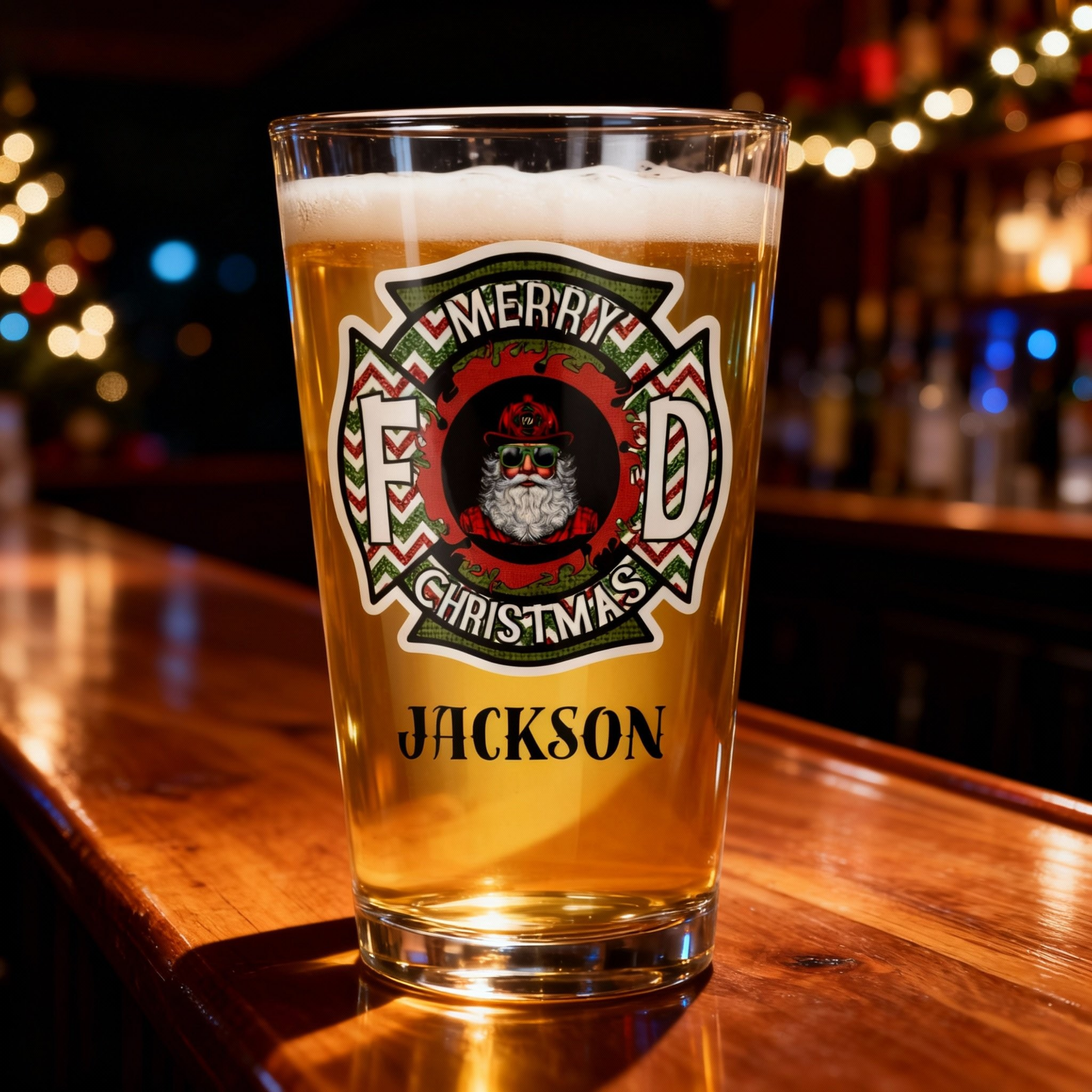 Merry Firefighter Christmas Beer Glass - Personalized 16oz Holiday Pint Glass with Custom Name