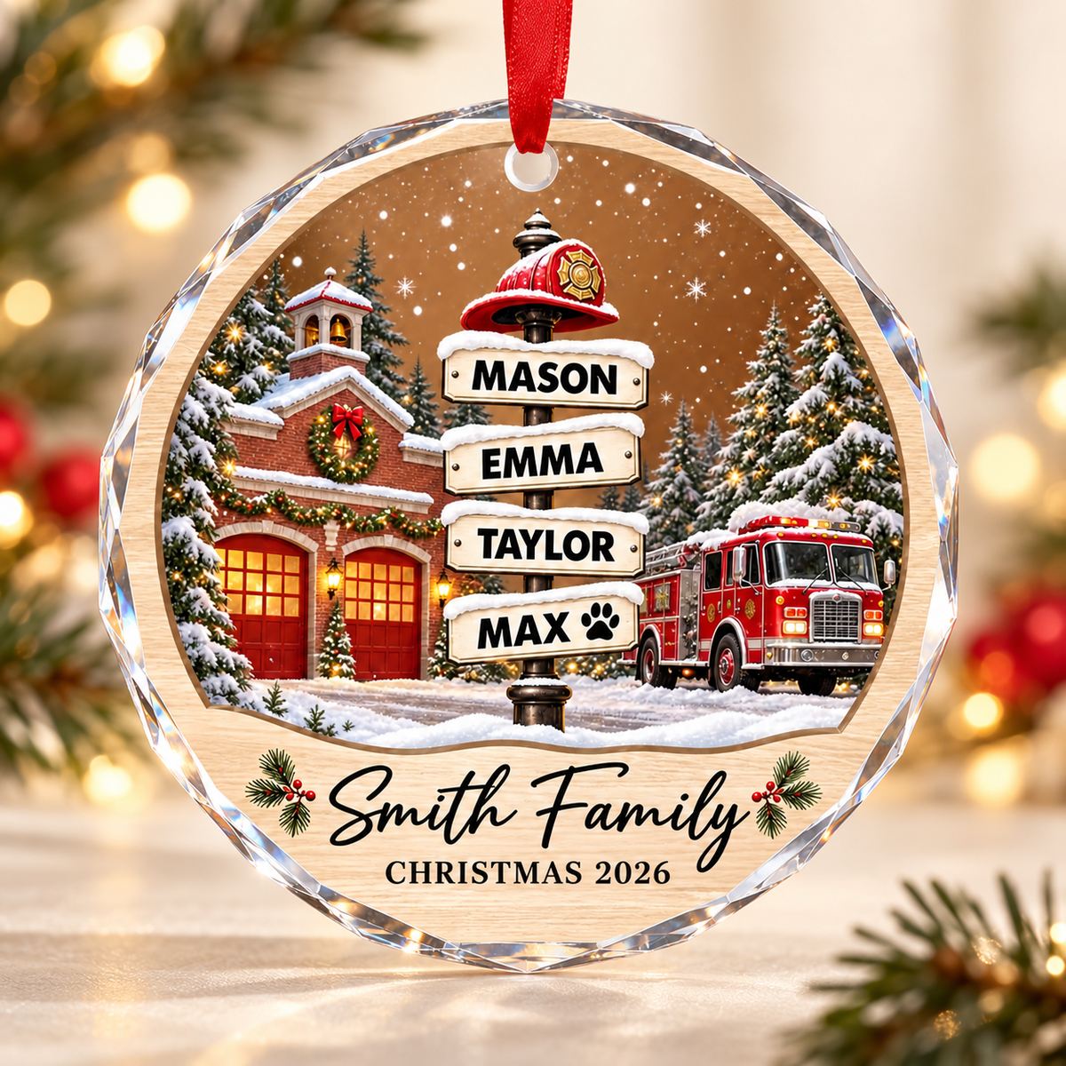 Firefighter Family Personalized Glass Christmas Ornament – Custom Names Fire Station Keepsake