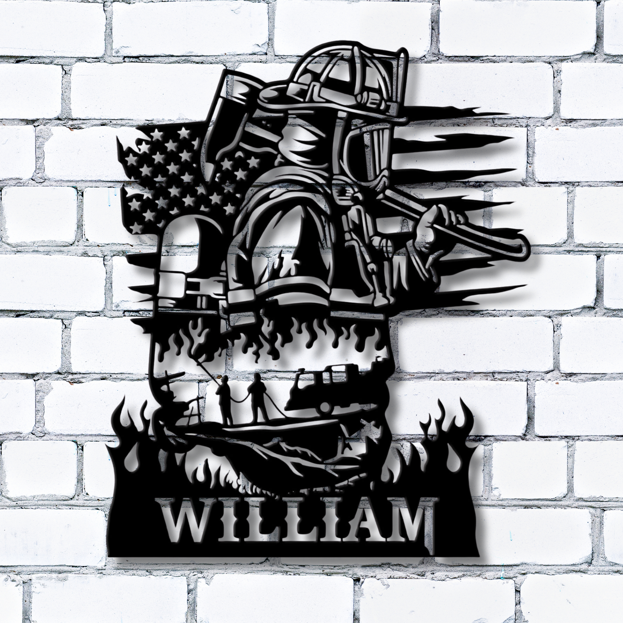 Feuerwehrmaske mit gekreuzten Äxten – Individuelles Namensschild aus Metall – Personalisierte Wanddekoration