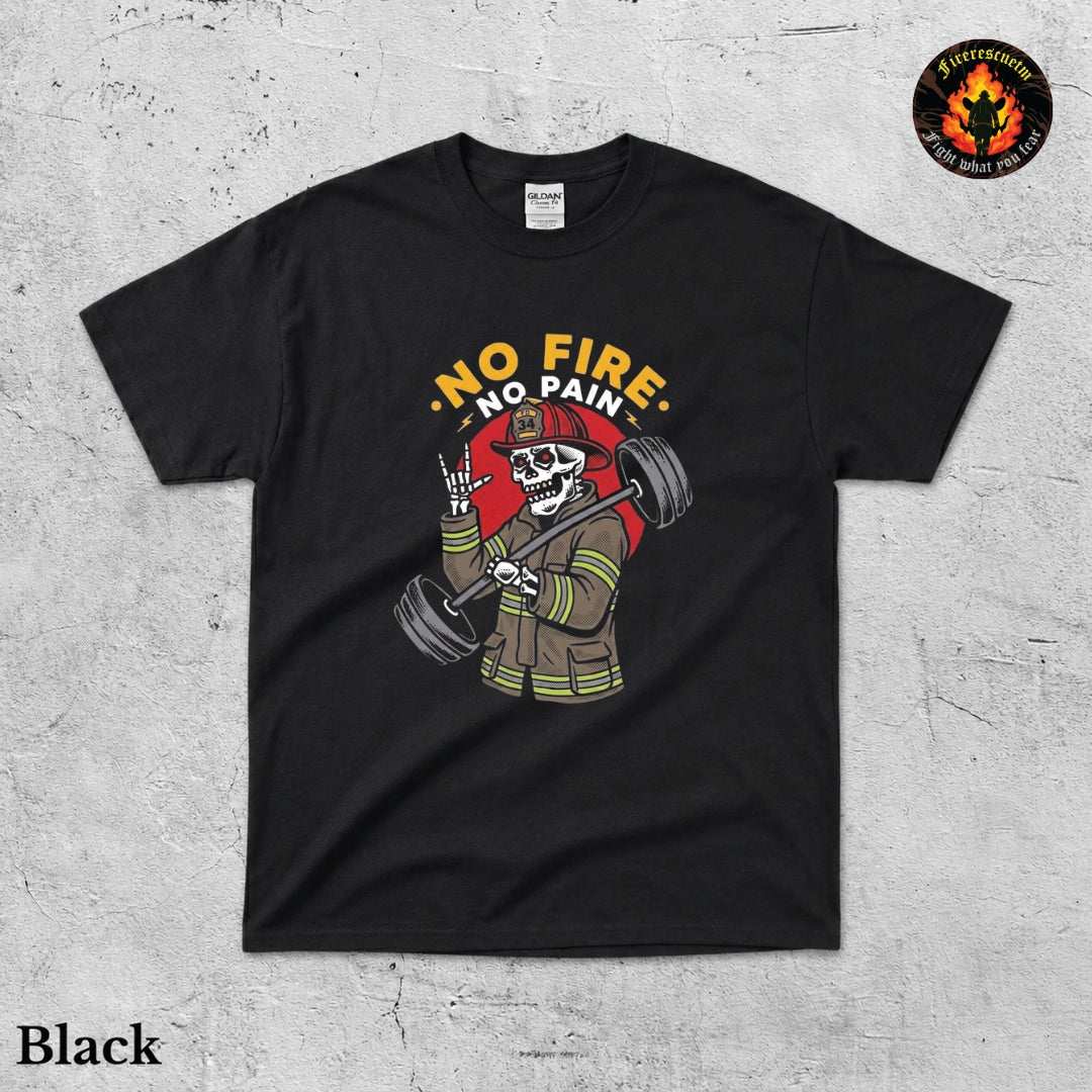 Vintage firefighter shirt with gold lettering and red fire truck illustration on navy blue cotton tee
