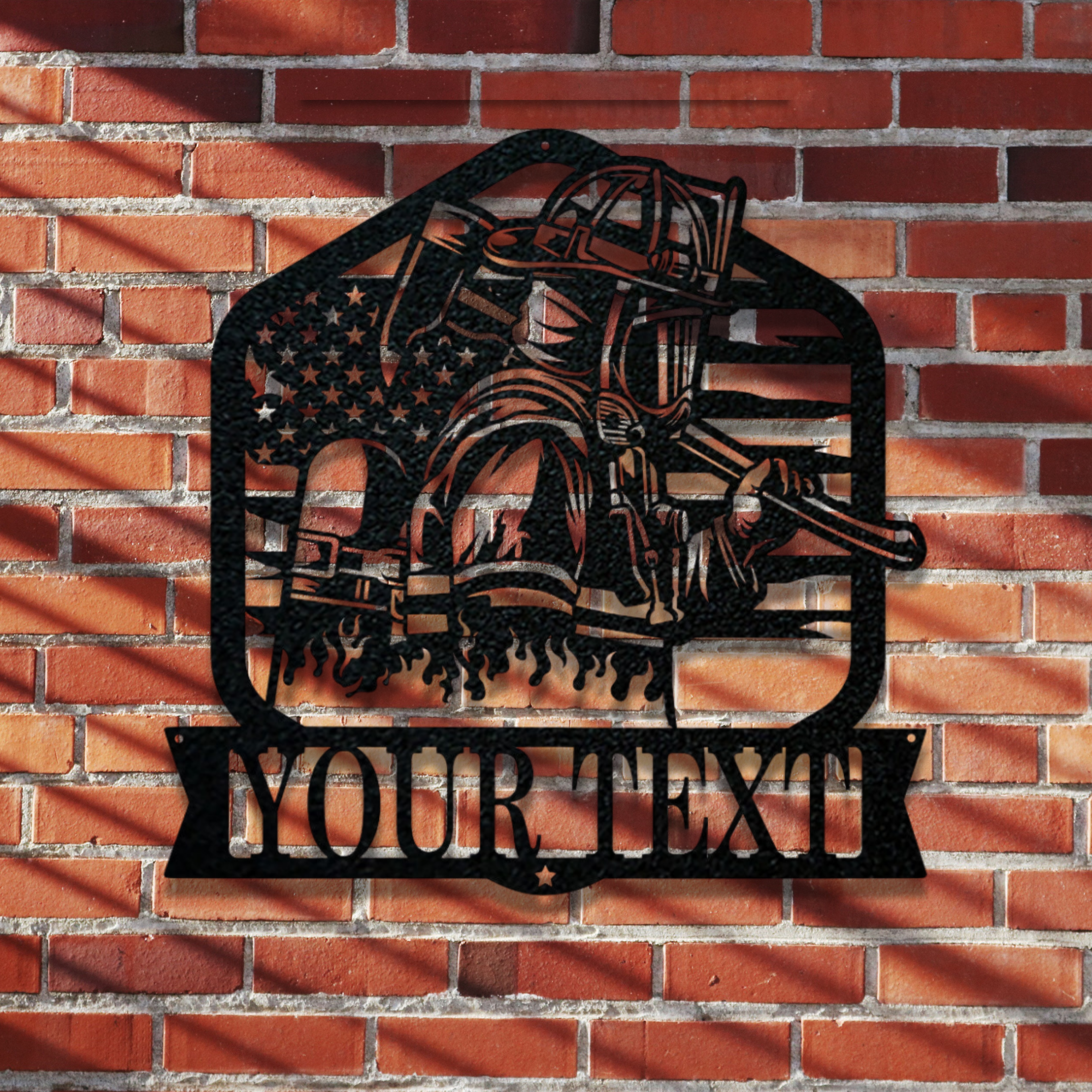 Standing Firefighter With Axe Custom Name Metal Sign - Personalized Fire Department Wall Art