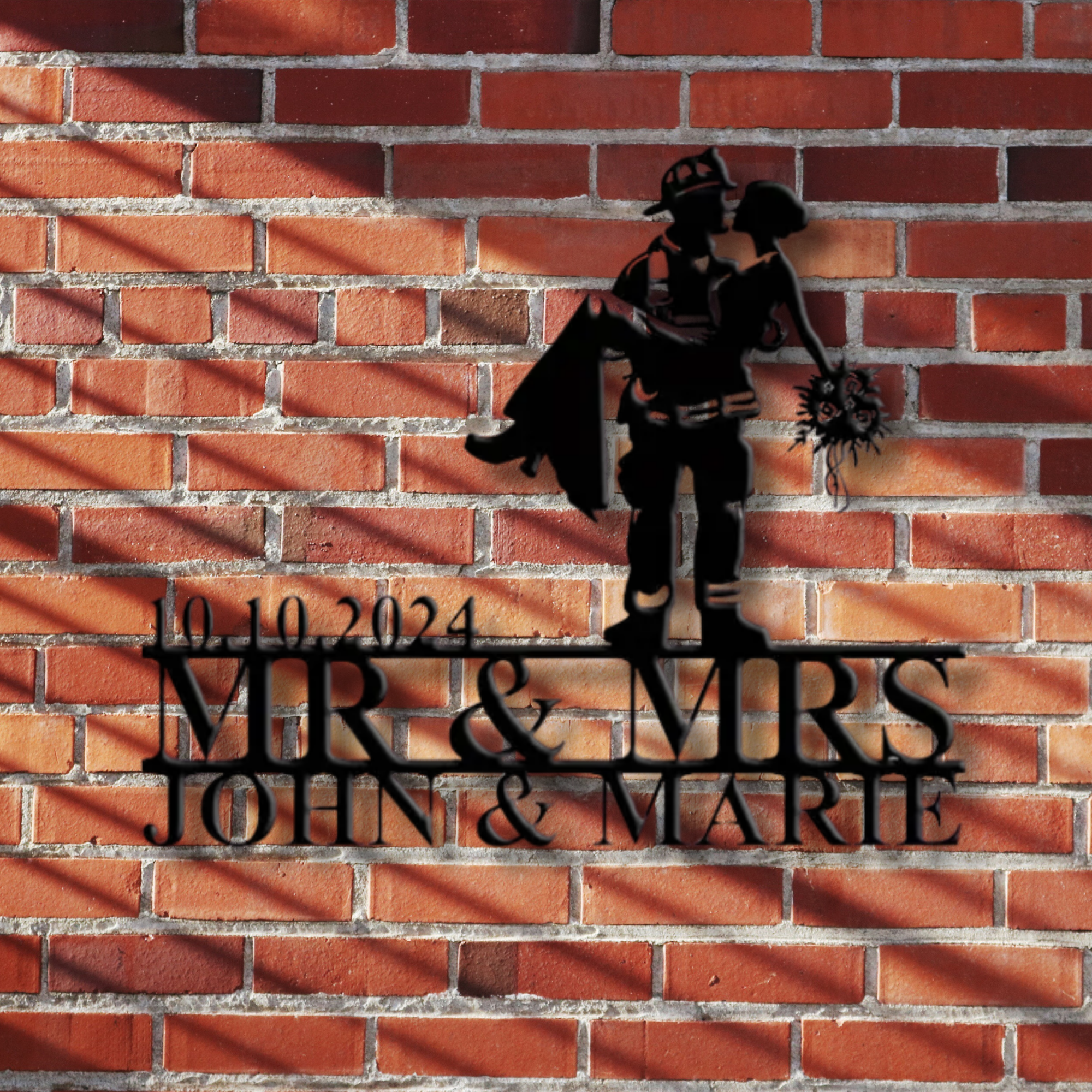 Firefighter Groom Kissing Bride Custom Metal Sign - Personalized Wall Art