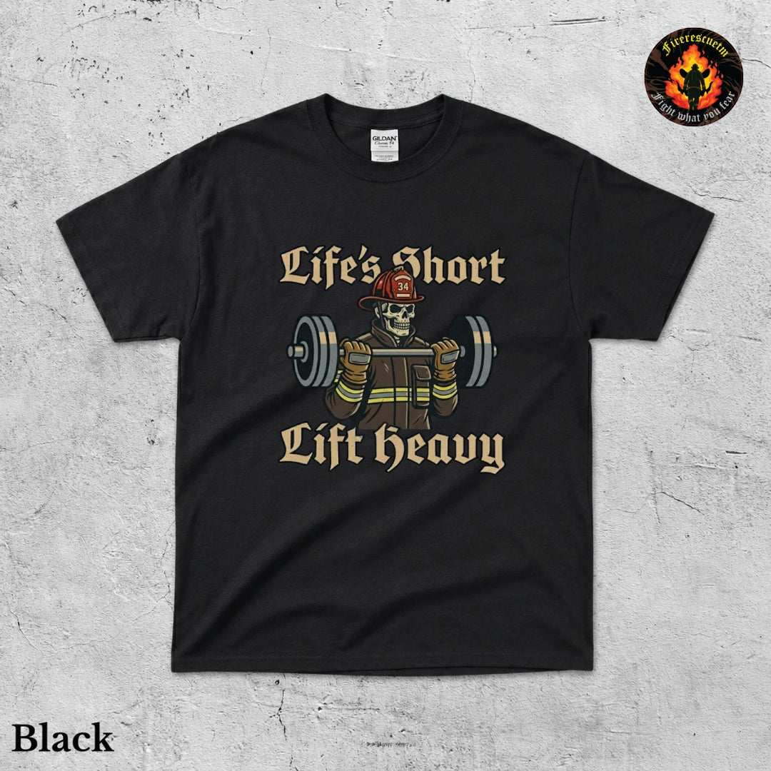 Vintage firefighter shirt with gold lettering and red fire truck illustration on navy or black Gildan tee