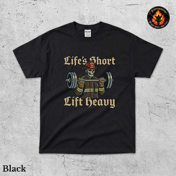 Vintage firefighter shirt with gold lettering and red fire truck illustration on navy or black Gildan tee