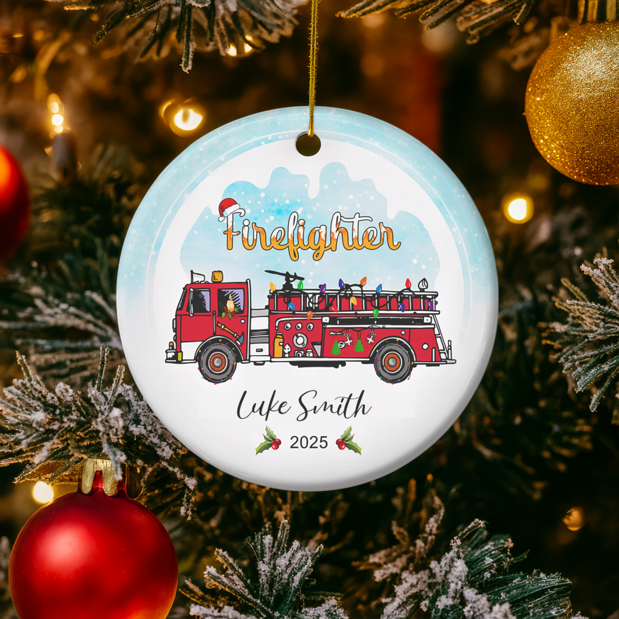 Personalized Firefighter Christmas Ornament 2025 - Custom Fire Truck Holiday Decoration