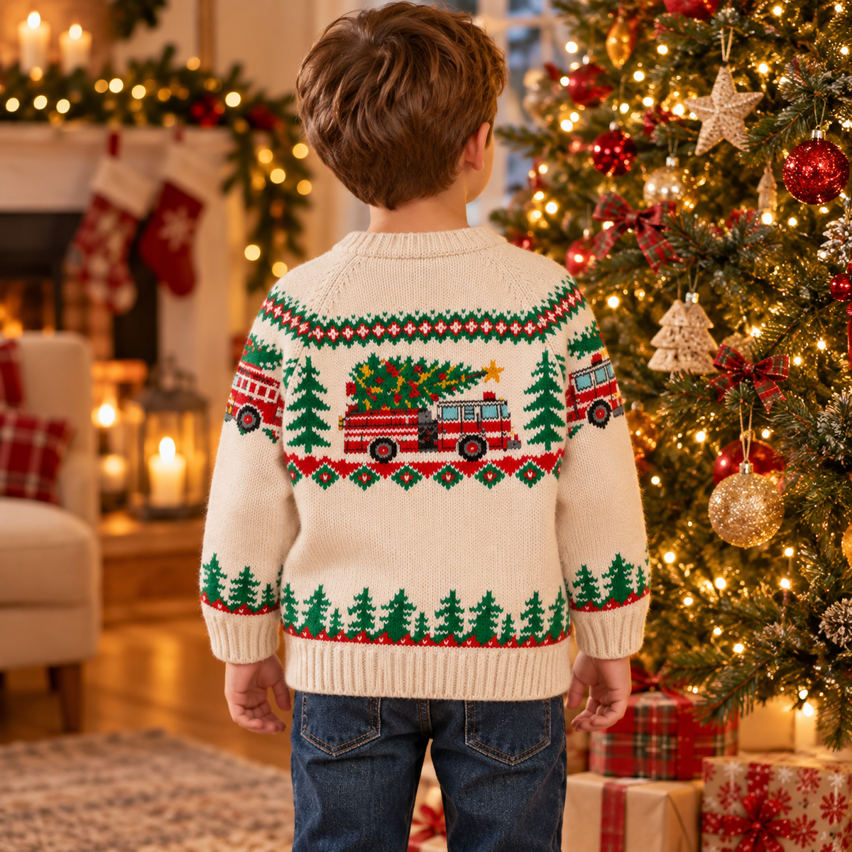 Kids Fire Truck Christmas Sweater – Fair Isle Knit Pullover for Boys & Girls