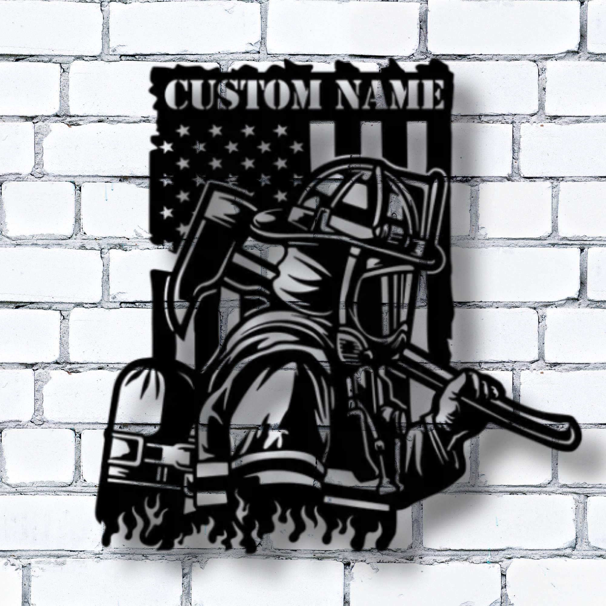Feuerwehrmaske mit gekreuzten Äxten – Individuelles Namensschild aus Metall – Personalisierte Wanddekoration