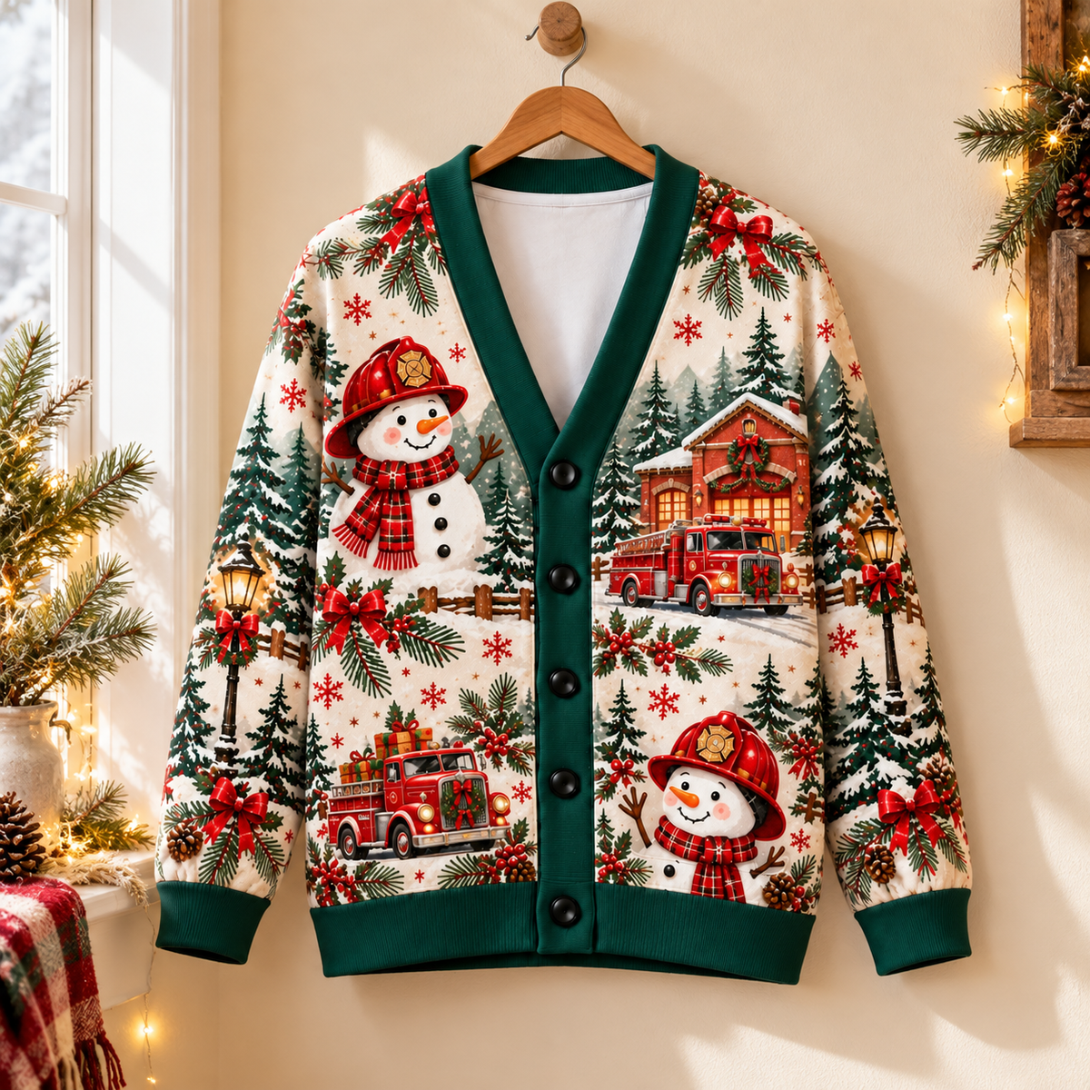 Firefighter Snowman Christmas Cardigan – Holiday Fire Truck V-Neck Sweater