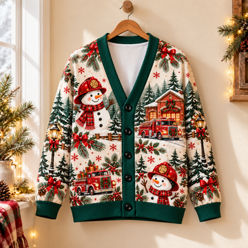 Firefighter Snowman Christmas Cardigan – Holiday Fire Truck V-Neck Sweater