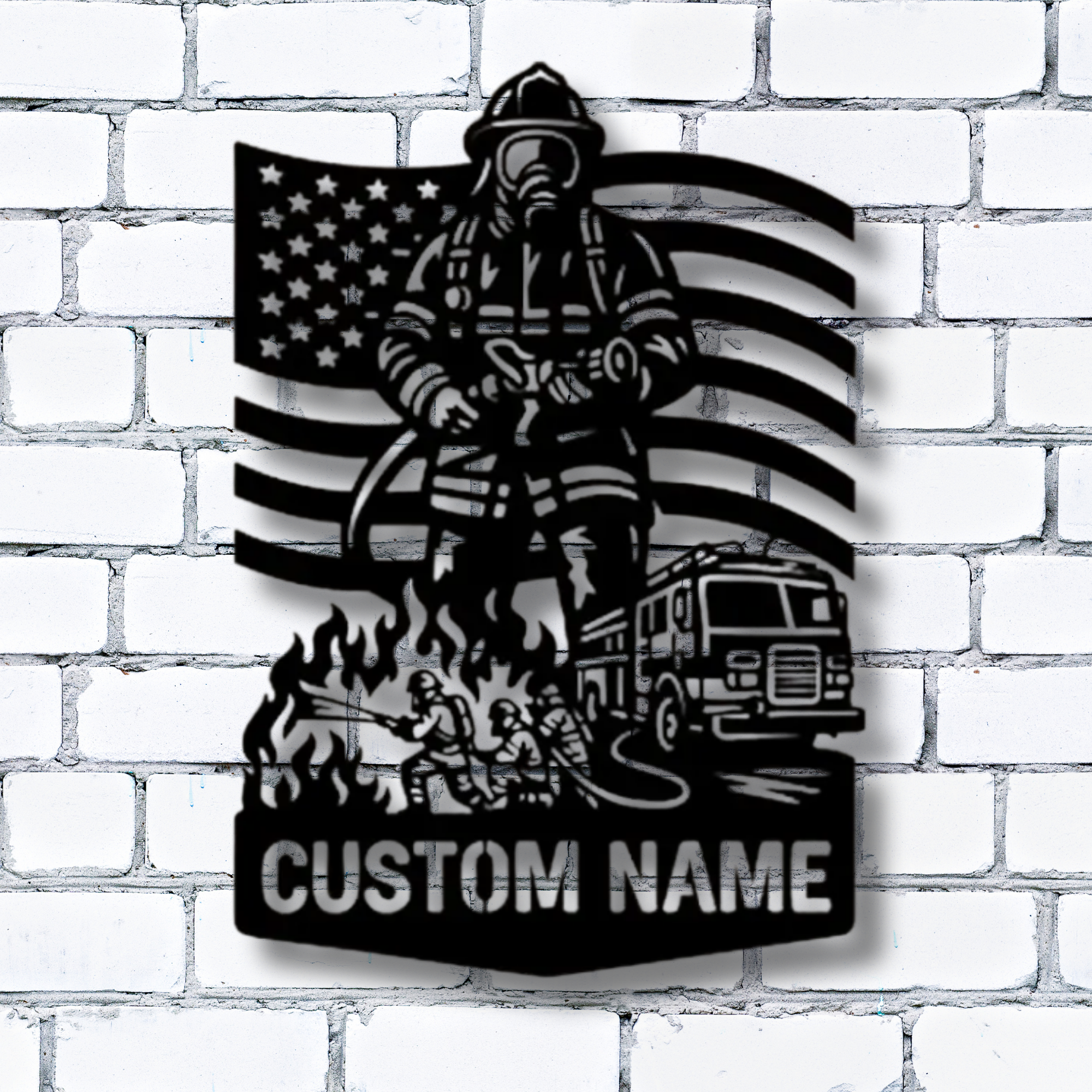 Feuerwehrmaske mit gekreuzten Äxten – Individuelles Namensschild aus Metall – Personalisierte Wanddekoration