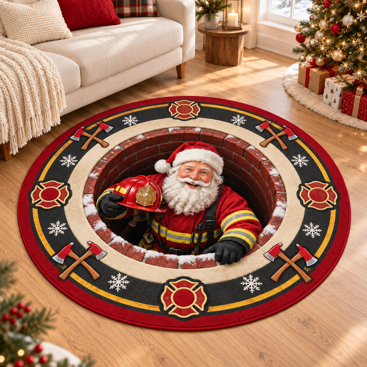 Firefighter Santa 3D Illusion Round Rug - Christmas Firefighter Home Decor