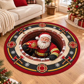 Firefighter Santa 3D Illusion Round Rug - Christmas Firefighter Home Decor