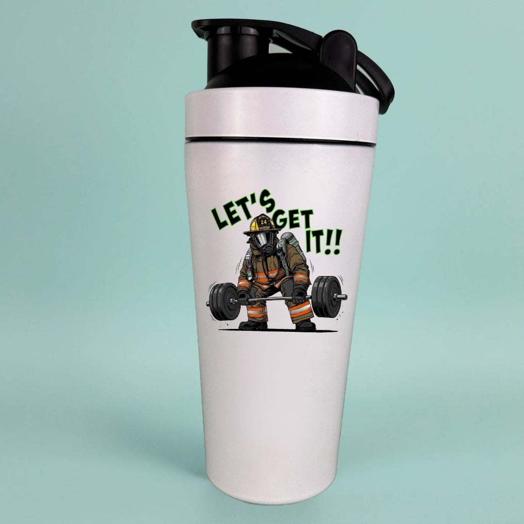 Firefighter couple-themed Let's Get It water bottle with customizable design for gym and fitness enthusiasts