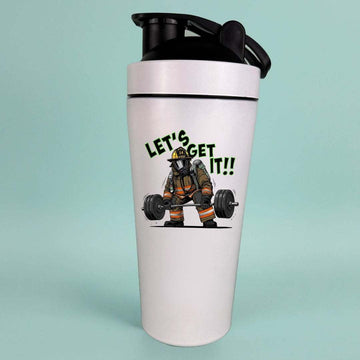 Firefighter couple-themed Let's Get It water bottle with customizable design for gym and fitness enthusiasts