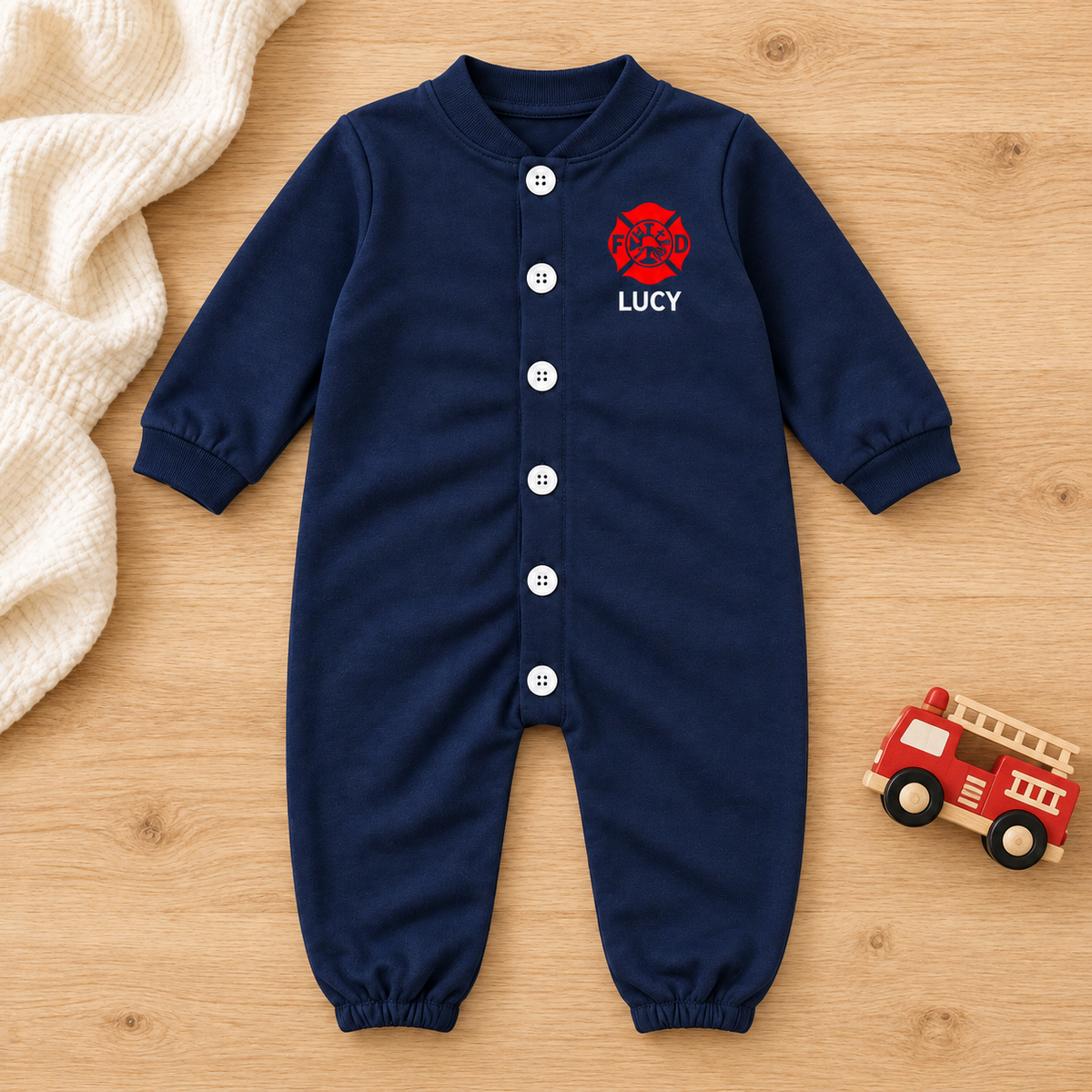 Firefighter Long-Sleeve Baby Romper with Maltese Cross - Custom Name Front & Optional Back