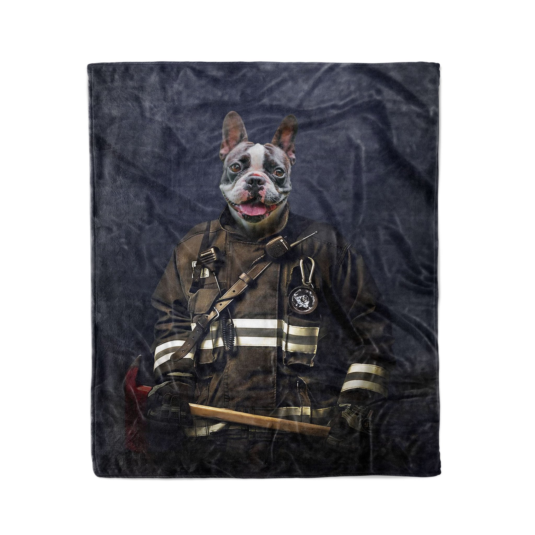 Couverture personnalisée avec photo d'animal de compagnie et portrait de pompier - Style studio