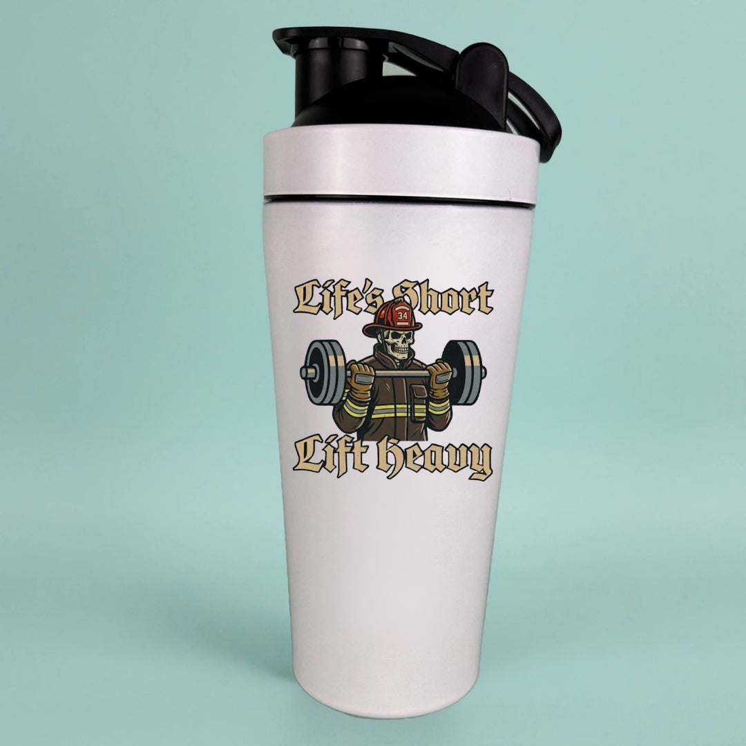 Firefighter couple tumbler with customizable gym-themed design and ergonomic handle