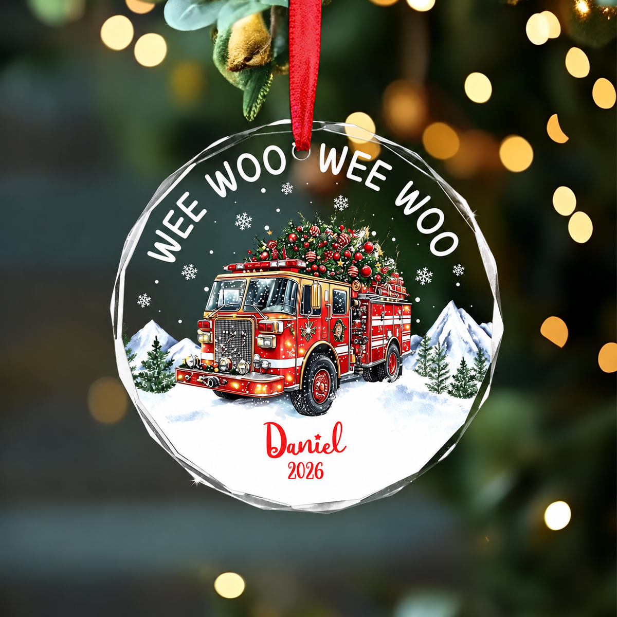 We Woo Fire Truck Christmas Ornament - Personalized Firefighter Christmas Ornament