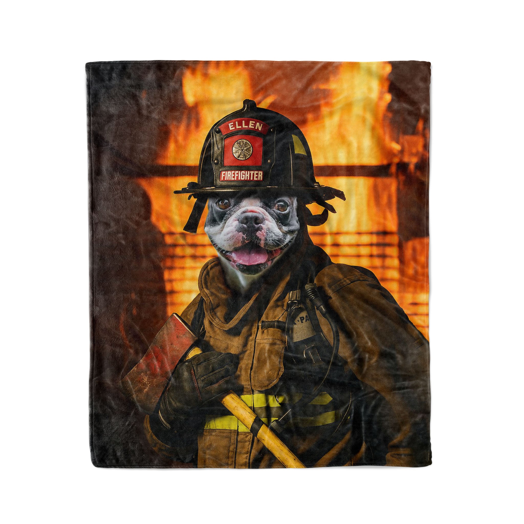 Custom Pet Photo Firefighter Blanket - Fire Background Action Style