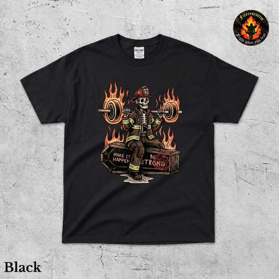 Vintage firefighter shirt with classic fire truck illustration and ornate gold lettering on navy blue or black Gildan tee