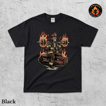 Vintage firefighter shirt with classic fire truck illustration and ornate gold lettering on navy blue or black Gildan tee