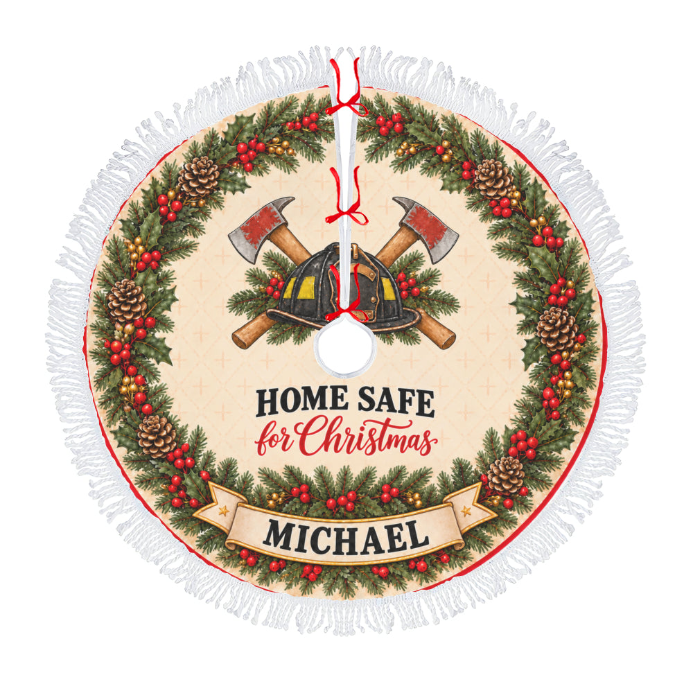 Firefighter Home Safe for Christmas Tree Skirt - Custom Name Personalized Holiday Decor