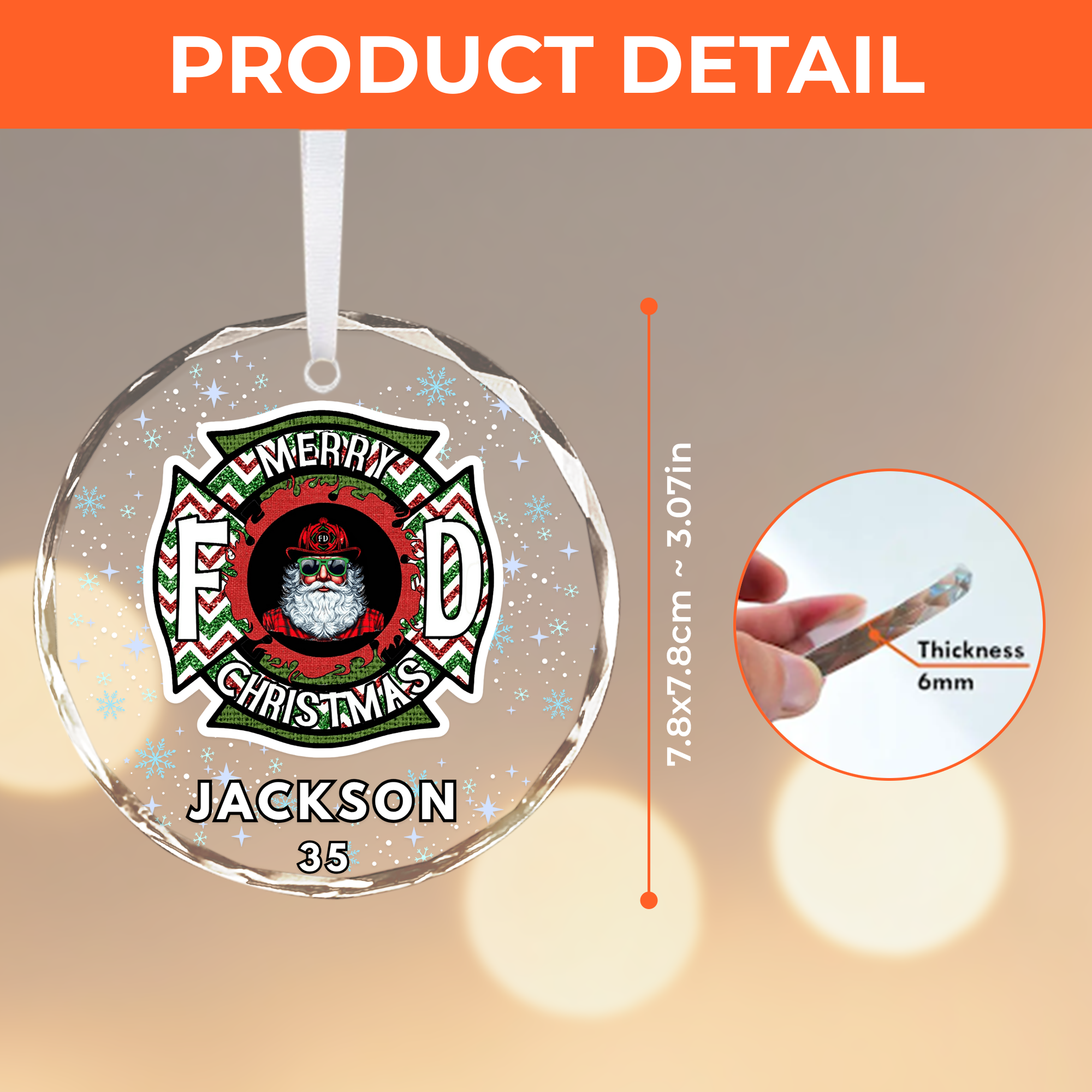 Custom FireFighter Santa Ornament - Personalized Name Number Glass Ornament