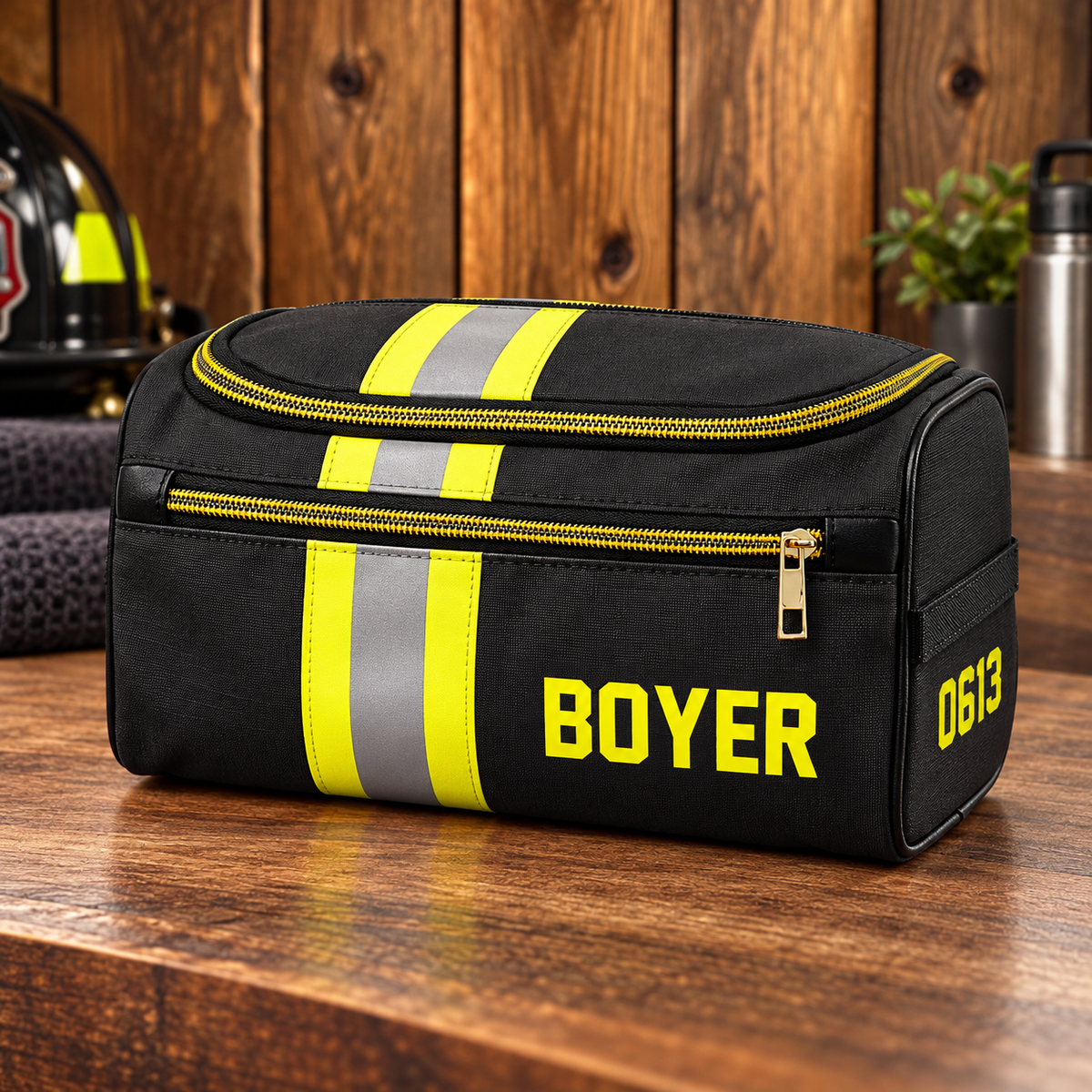 Personalized Firefighter Leather Toiletry Bag - Custom Name & Number