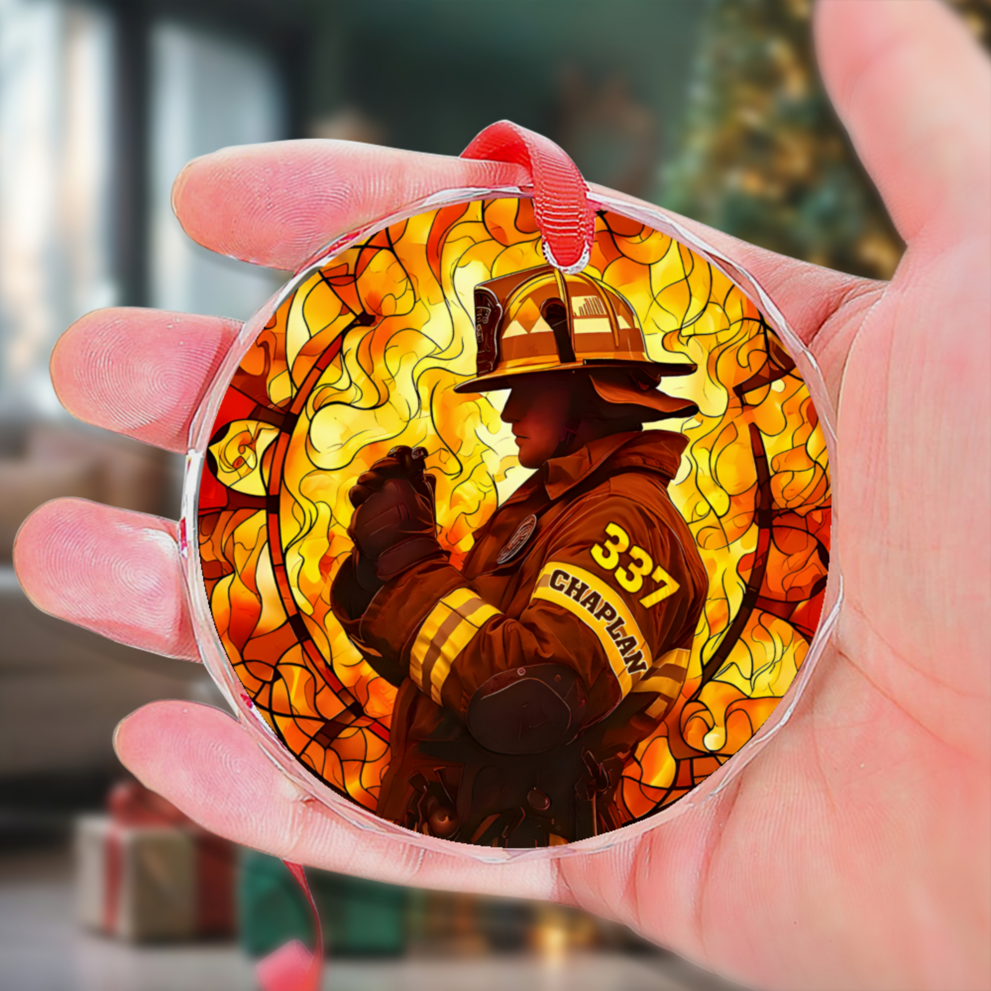 Custom FireFighter Ornament Aesthetic Art - Personalized Name Number Glass Ornament