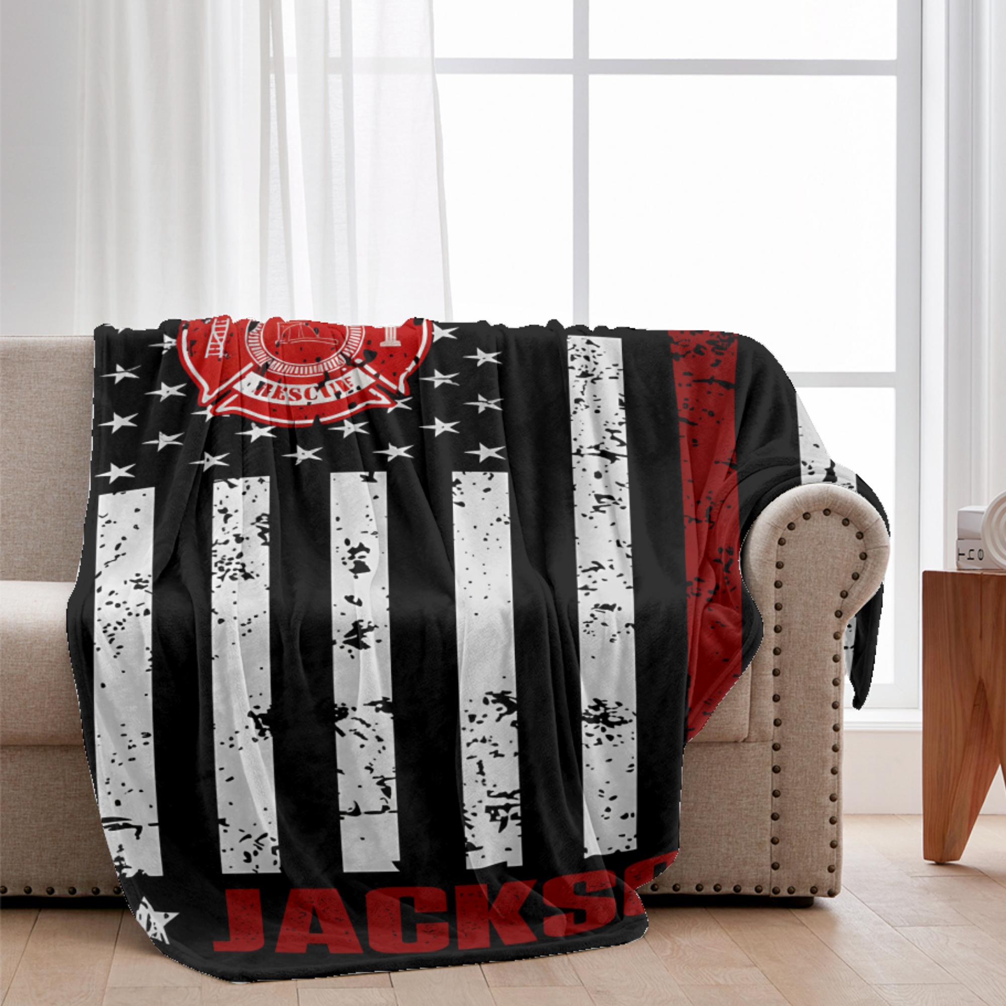 Couverture personnalisée pour pompier - Drapeau de la Ligne Rouge - Nom personnalisé