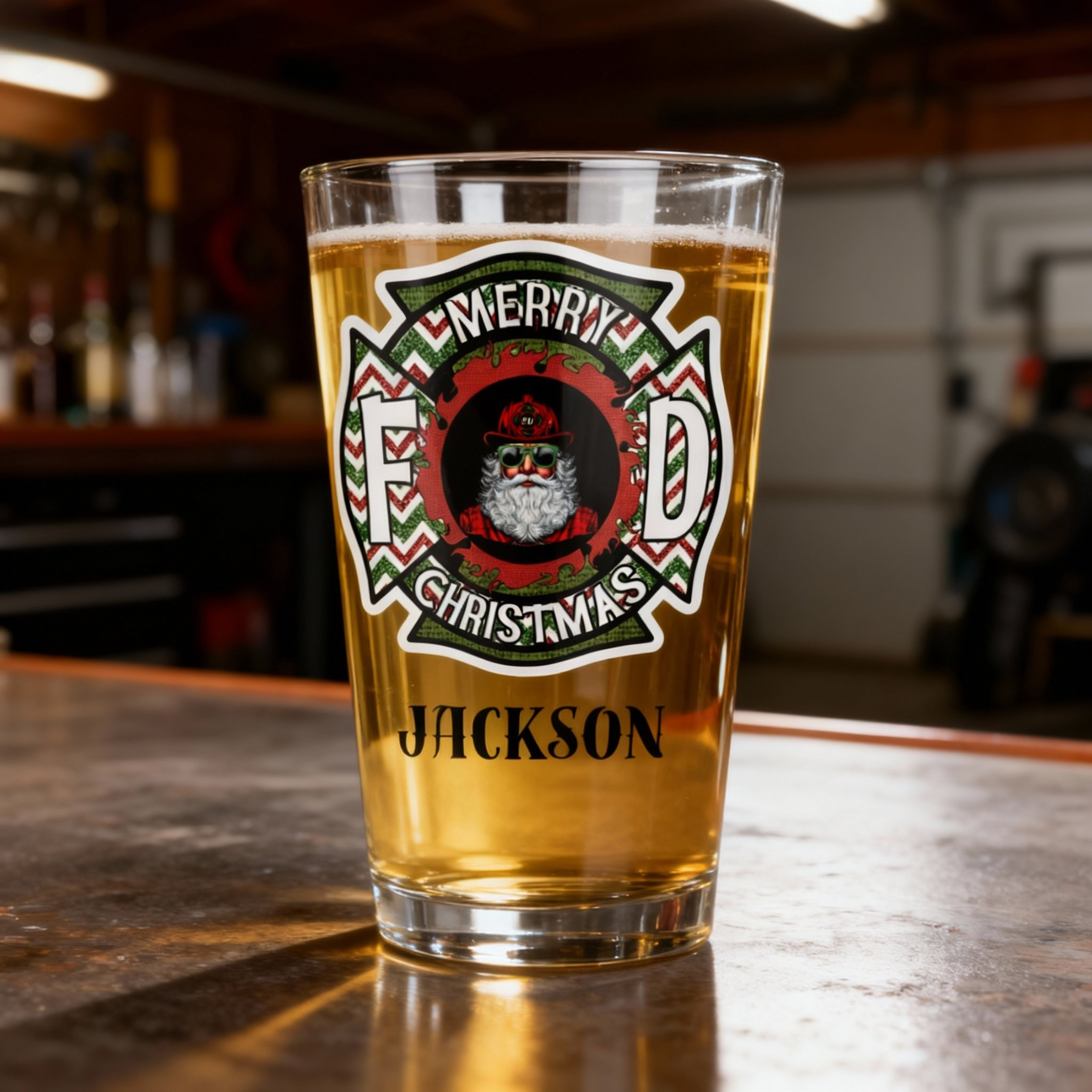 Merry Firefighter Christmas Beer Glass - Personalized 16oz Holiday Pint Glass with Custom Name