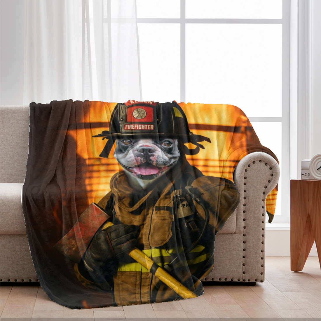Custom Pet Photo Firefighter Blanket - Fire Background Action Style