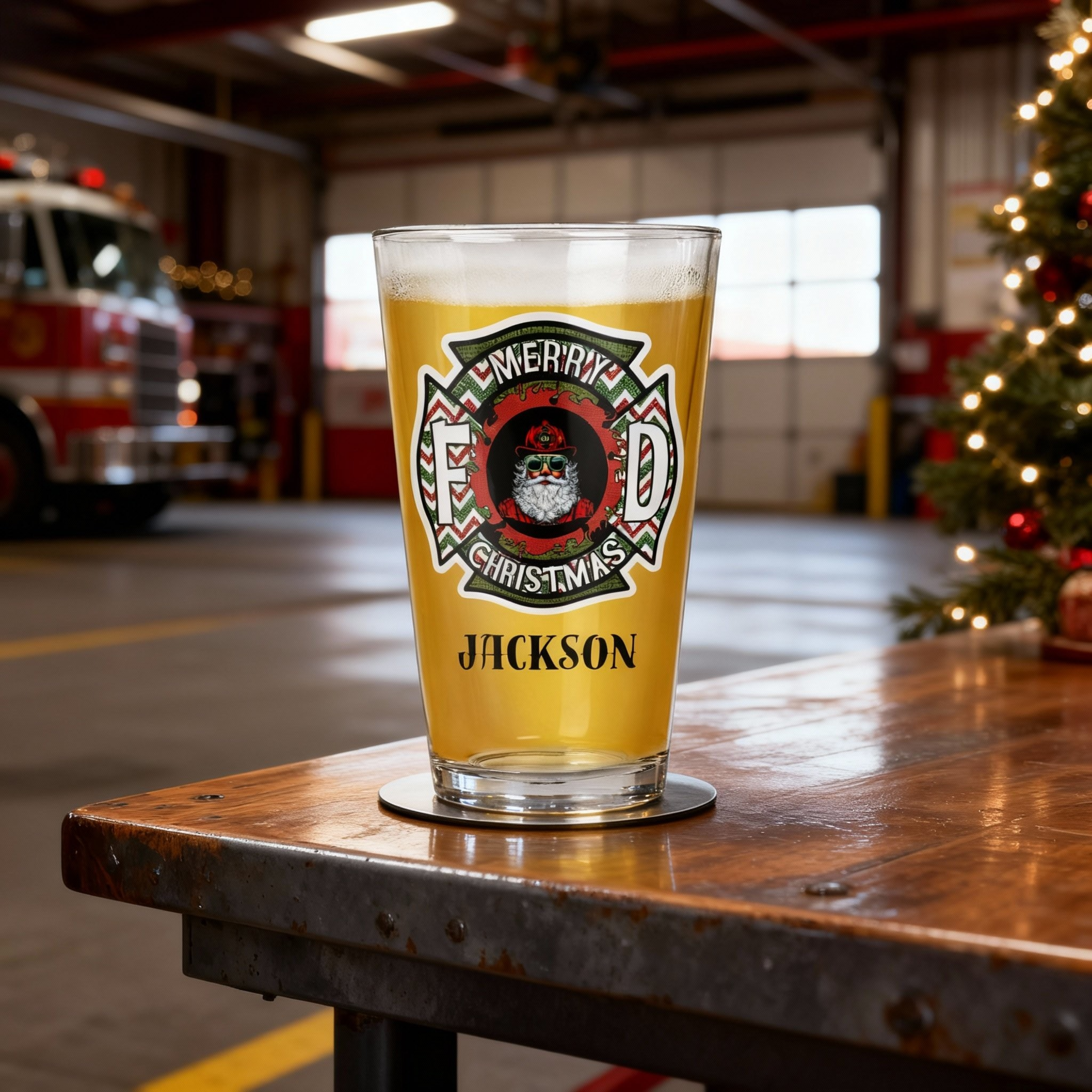 Merry Firefighter Christmas Beer Glass - Personalized 16oz Holiday Pint Glass with Custom Name