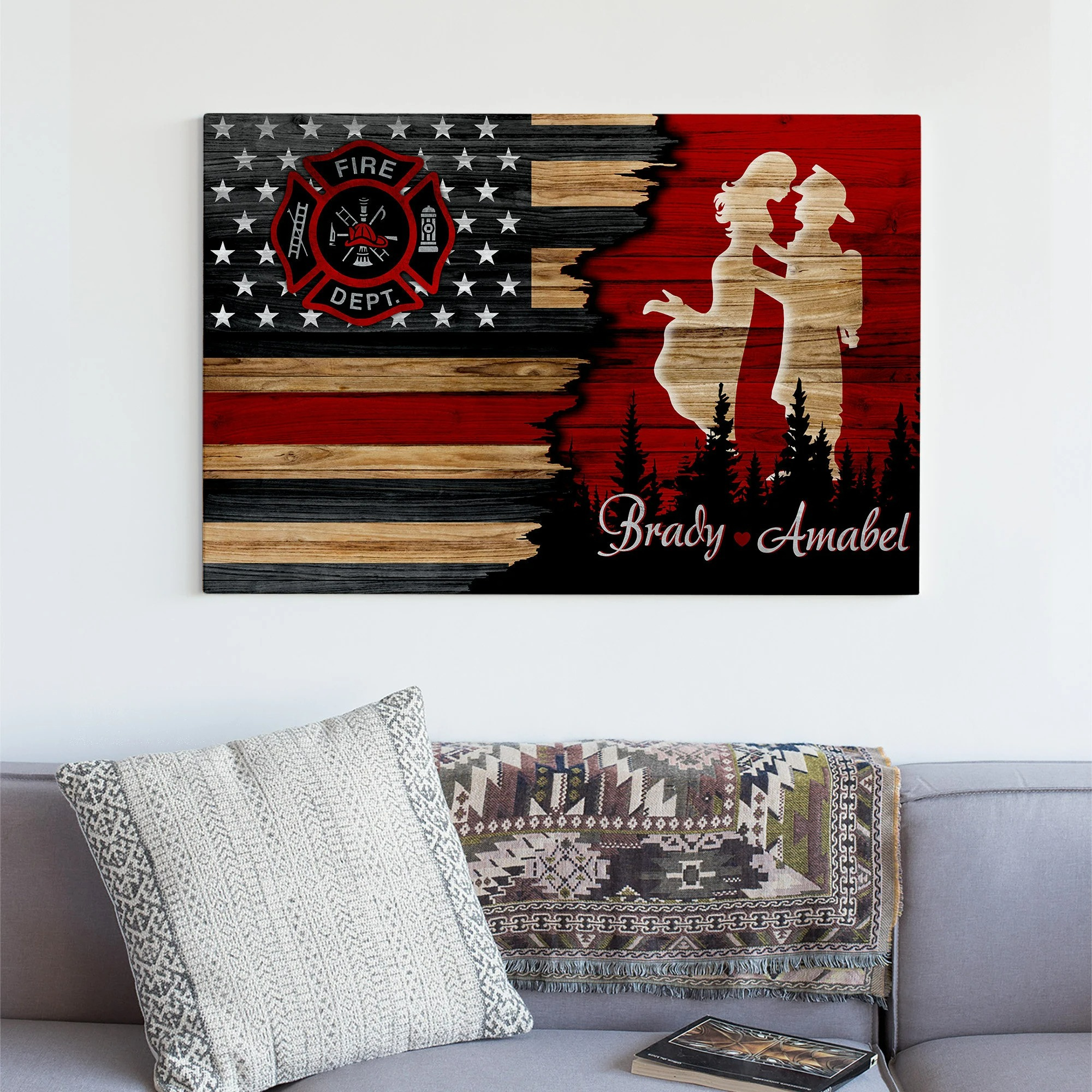 Firefighter Couple Canvas - Personalized Names Thin Red Line Wall Art