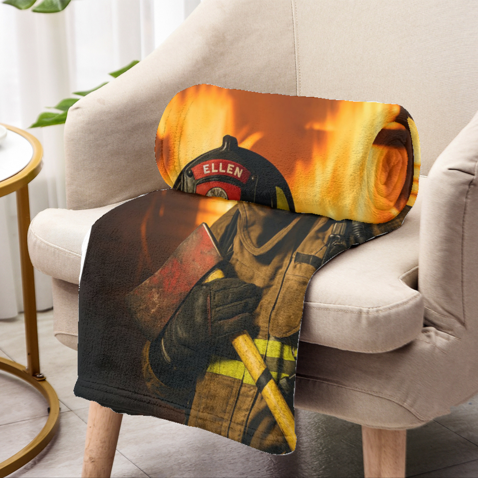 Custom Pet Photo Firefighter Blanket - Fire Background Action Style
