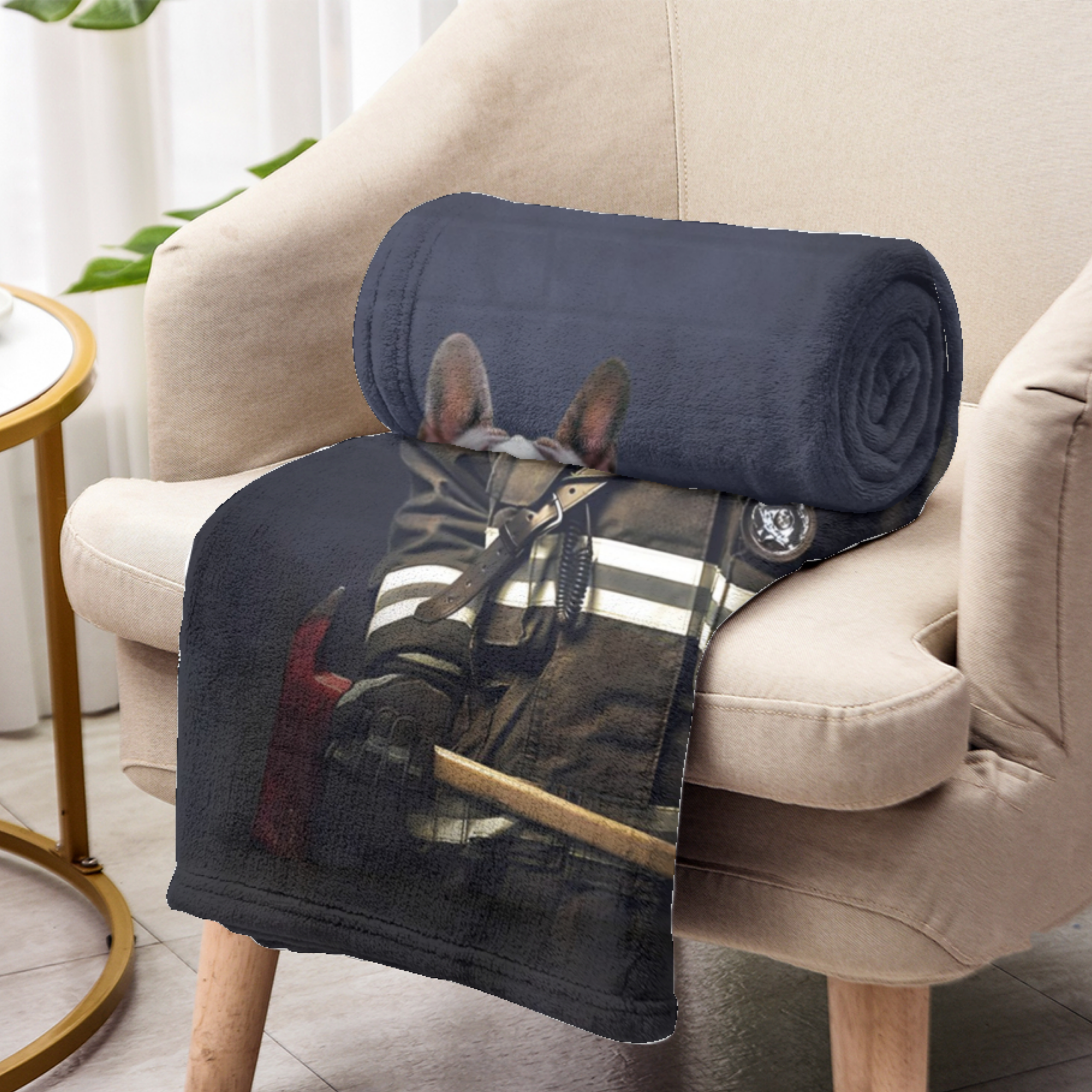 Couverture personnalisée avec photo d'animal de compagnie et portrait de pompier - Style studio