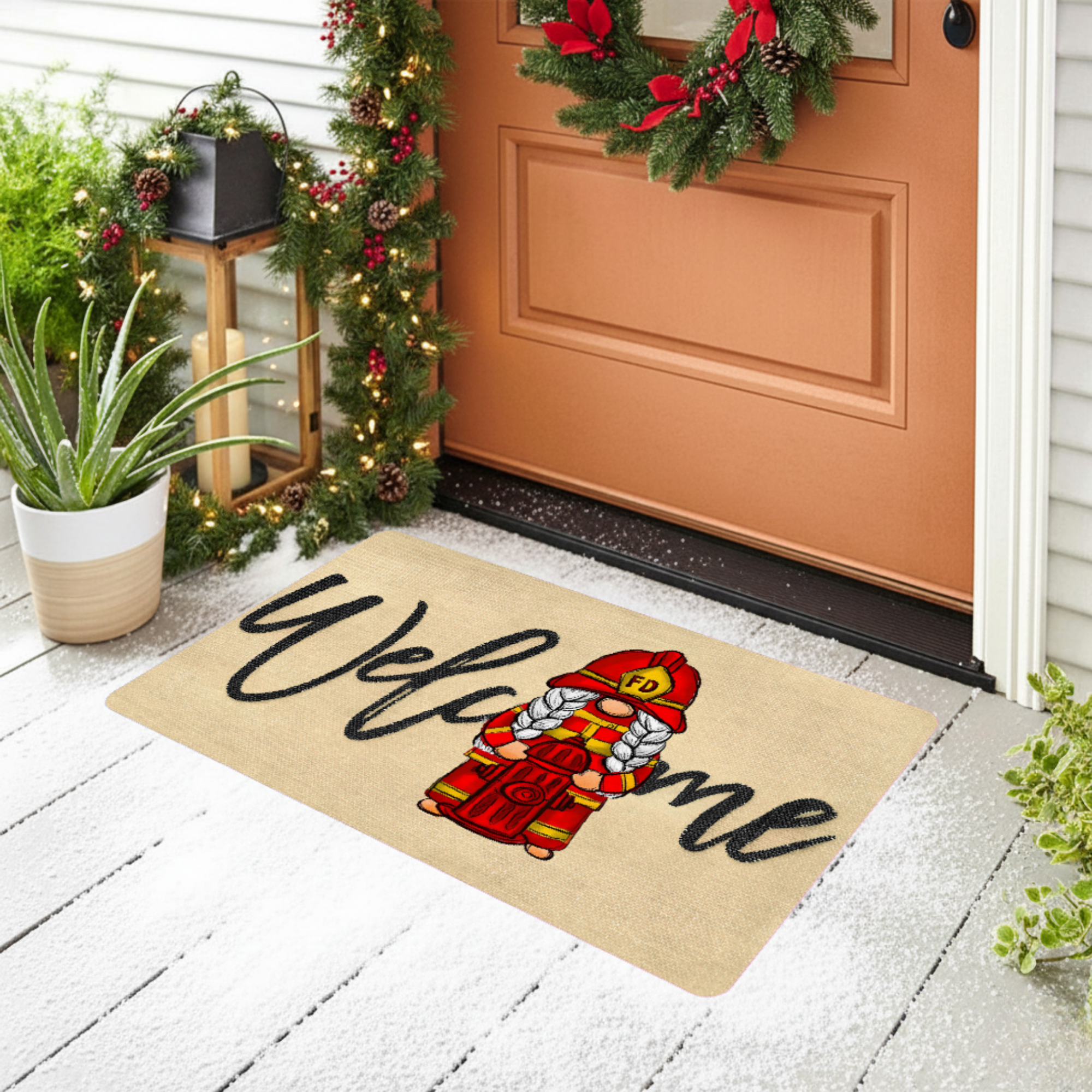 Firefighter Gnome Welcome Doormat - Fire Department FD Outdoor Door Mat