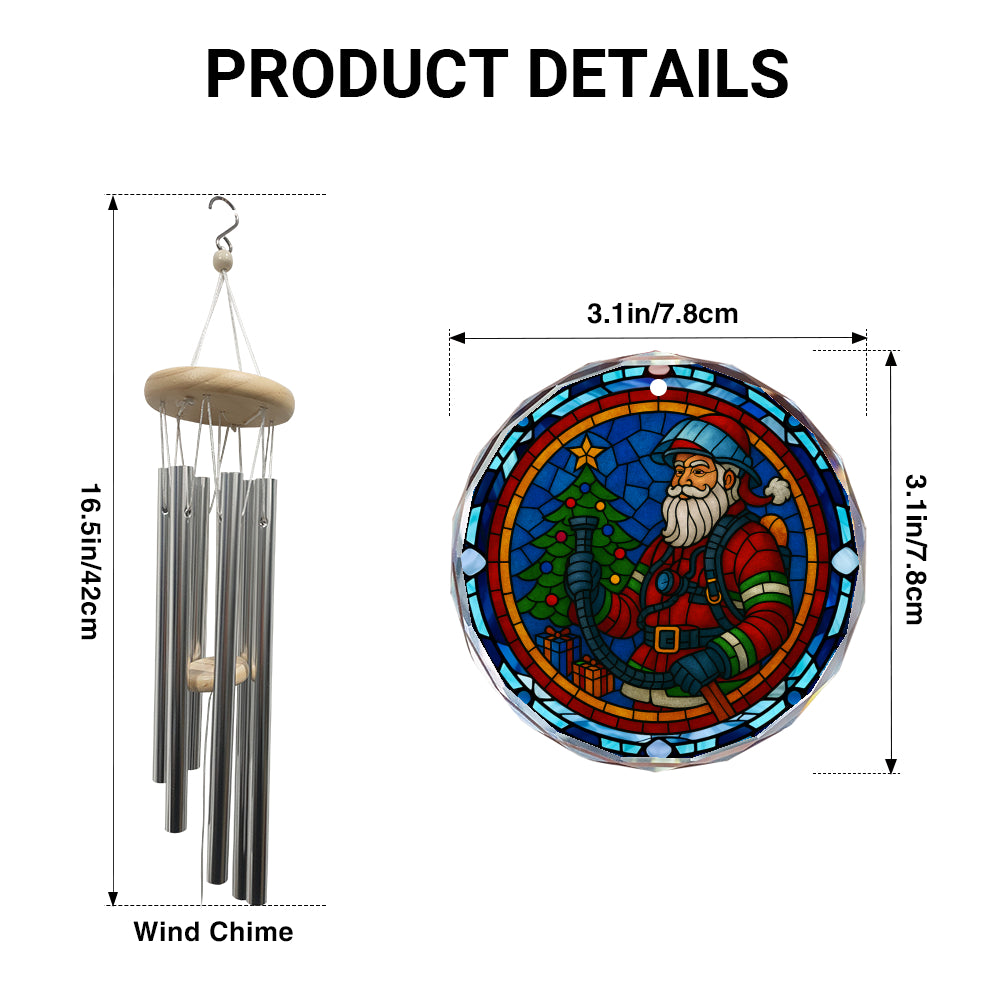 Firefighter Santa Wind Chime - Glass Ornament Christmas Decor