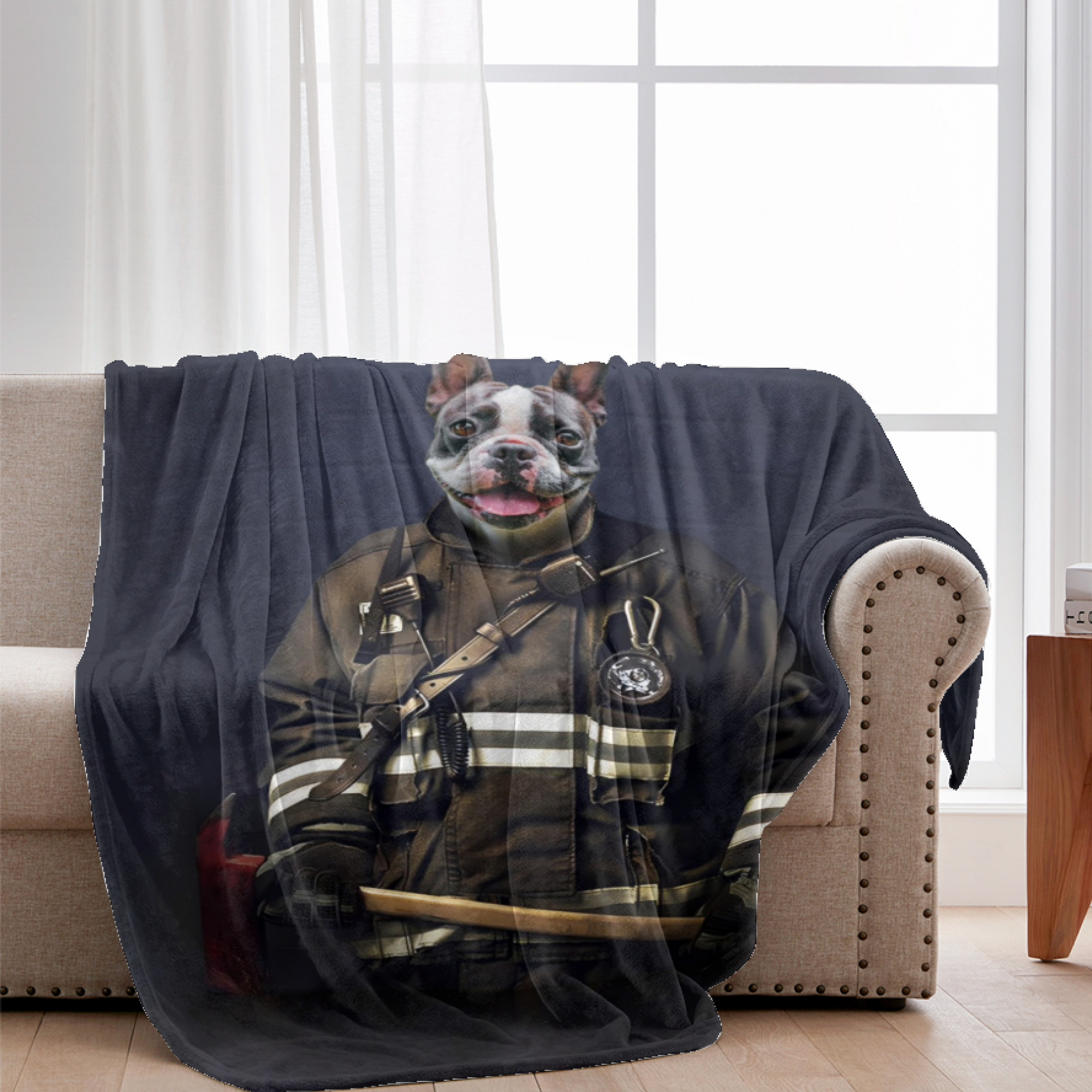 Couverture personnalisée avec photo d'animal de compagnie et portrait de pompier - Style studio