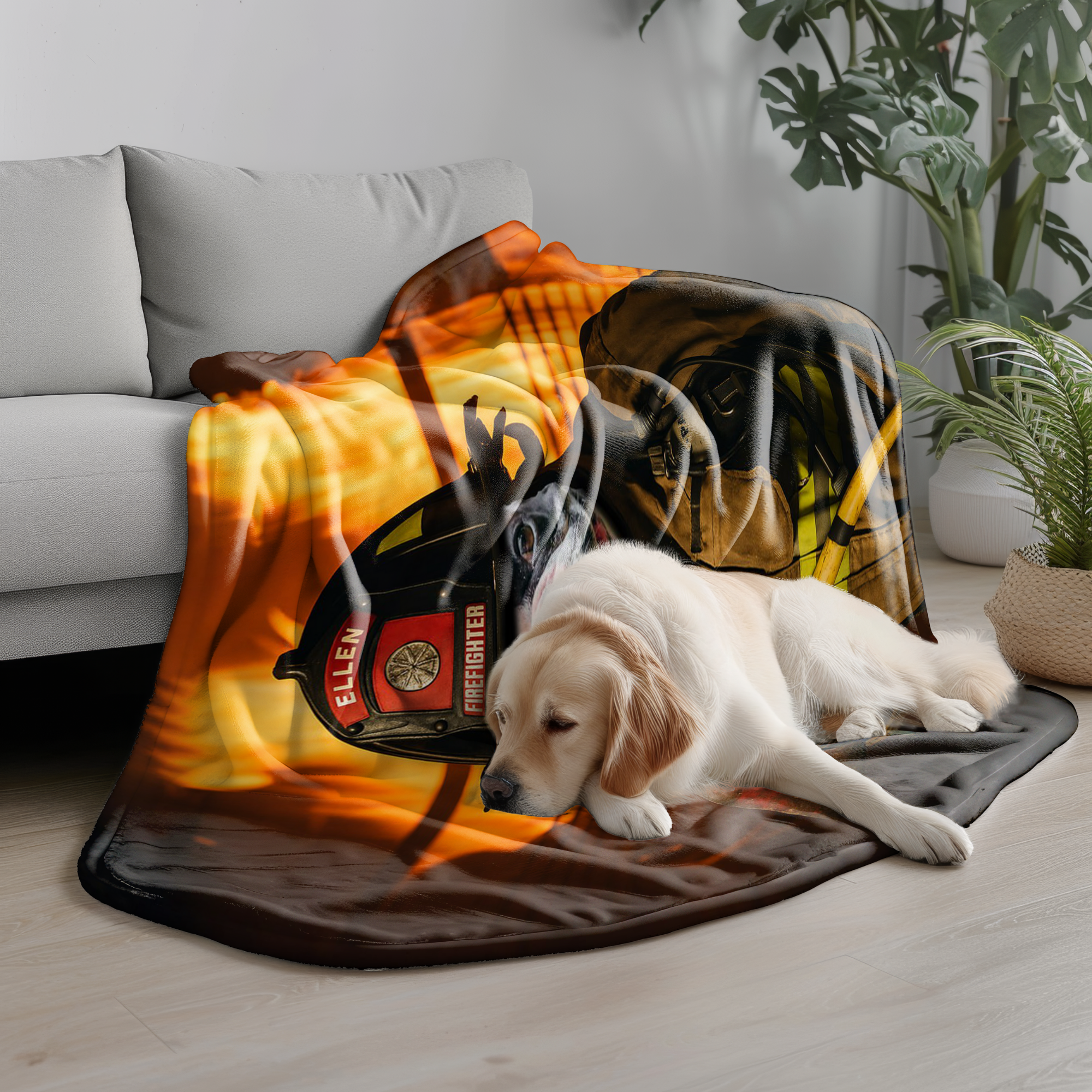 Custom Pet Photo Firefighter Blanket - Fire Background Action Style