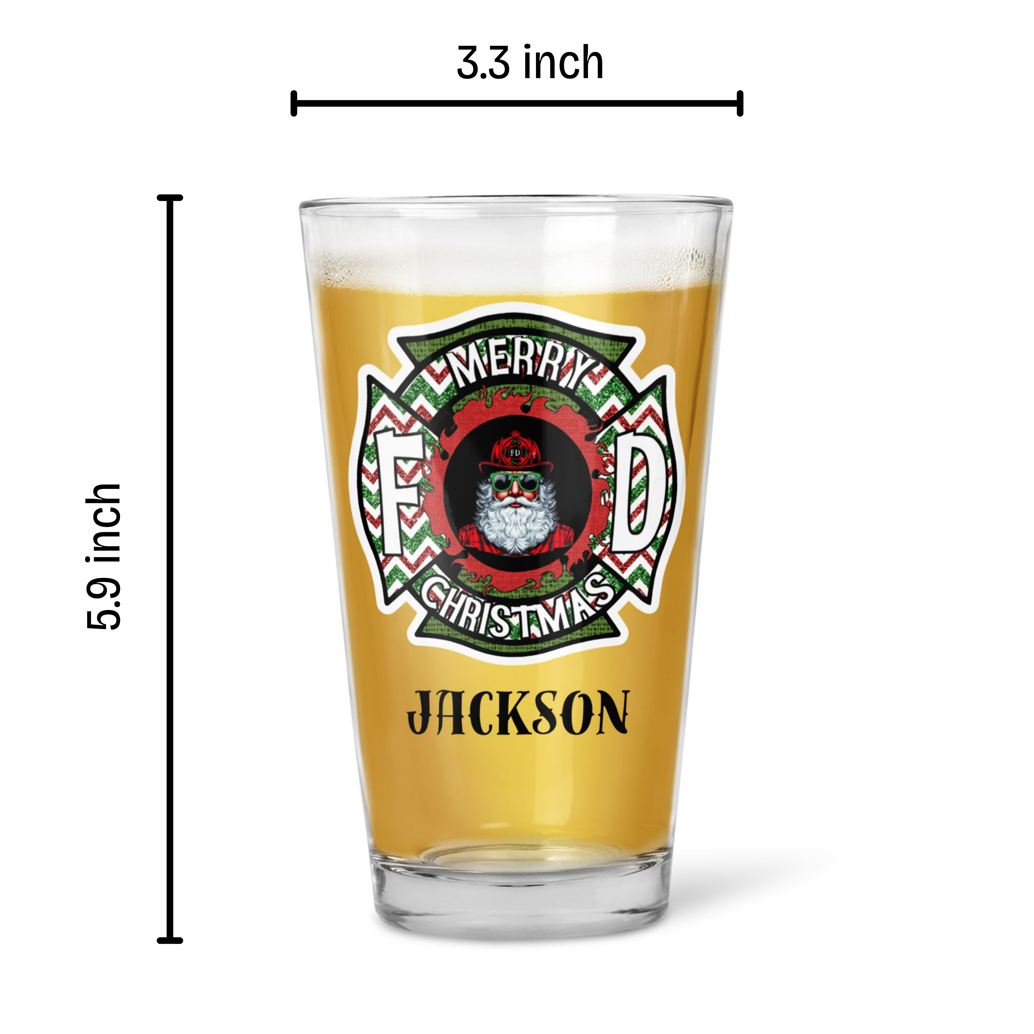 Merry Firefighter Christmas Beer Glass - Personalized 16oz Holiday Pint Glass with Custom Name