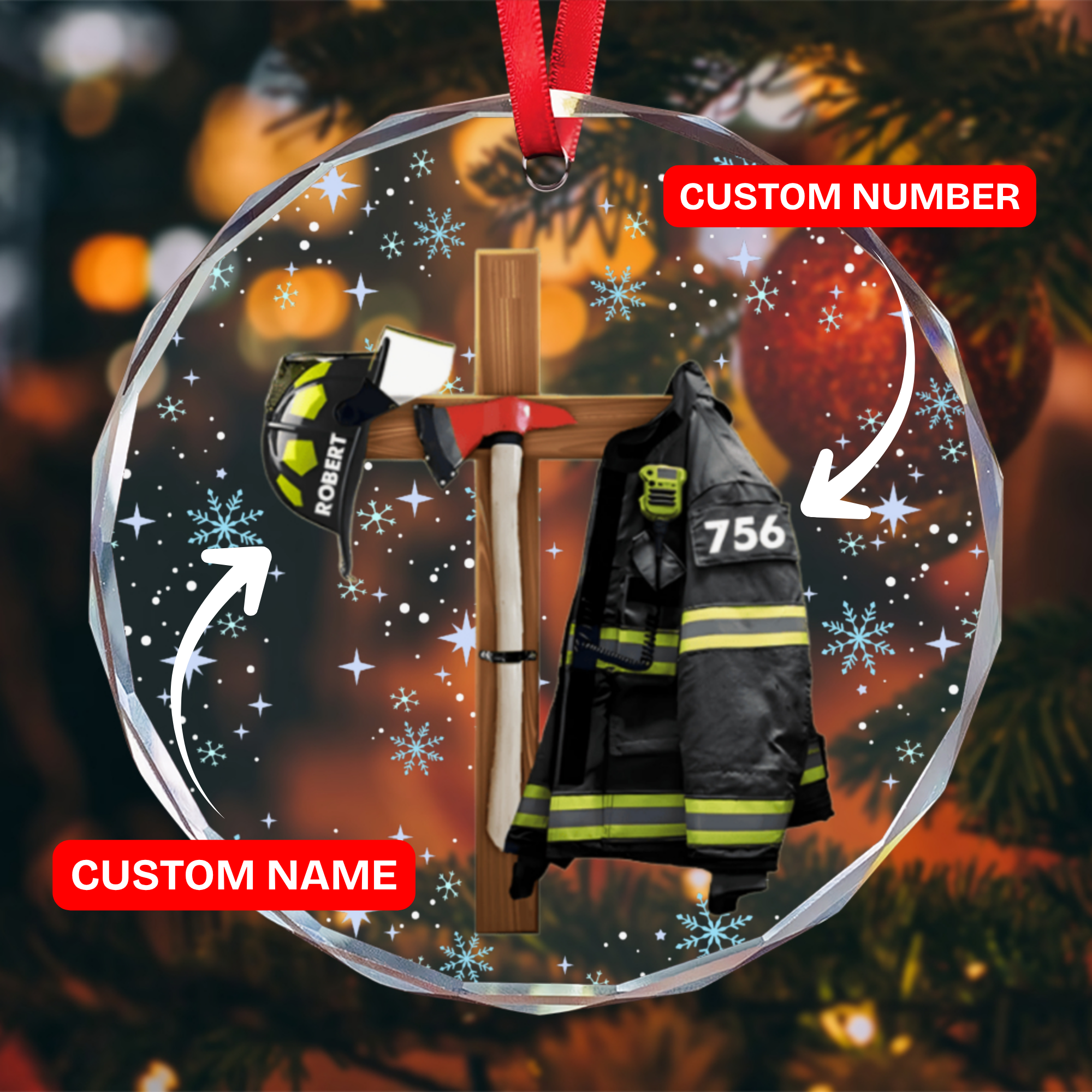 Custom Christian FireFighter Ornament - Personalized Name Number Glass Ornament