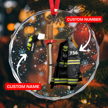 Custom Christian FireFighter Ornament - Personalized Name Number Glass Ornament