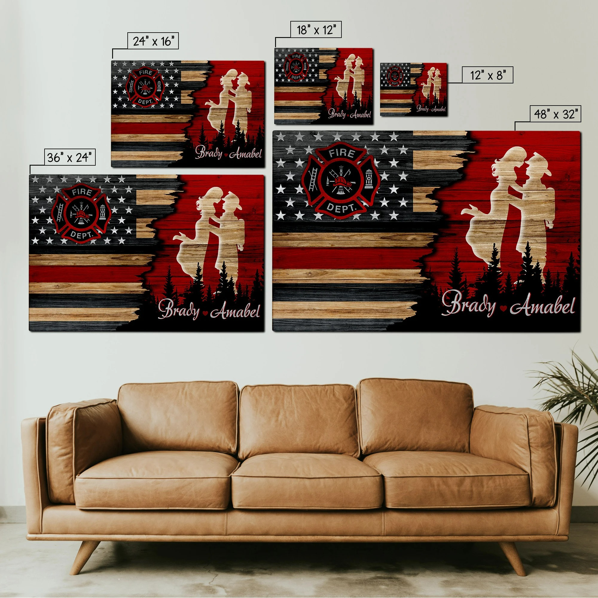 Firefighter Couple Canvas - Personalized Names Thin Red Line Wall Art