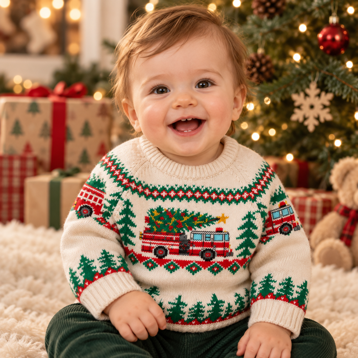 Baby Fire Truck Christmas Sweater – Fair Isle Knit Pullover for Boys & Girls