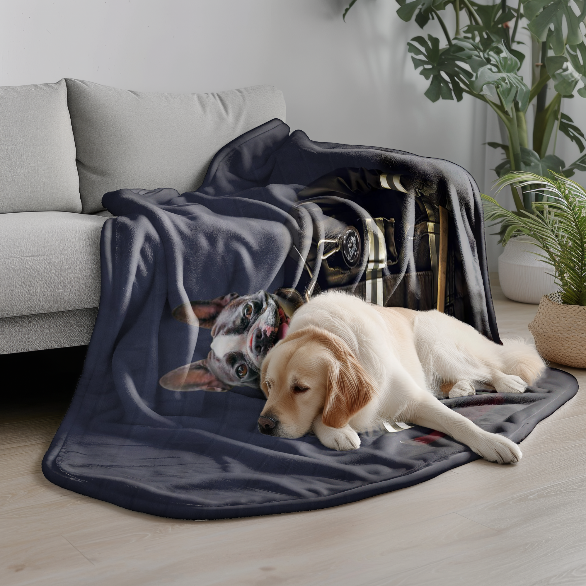 Couverture personnalisée avec photo d'animal de compagnie et portrait de pompier - Style studio