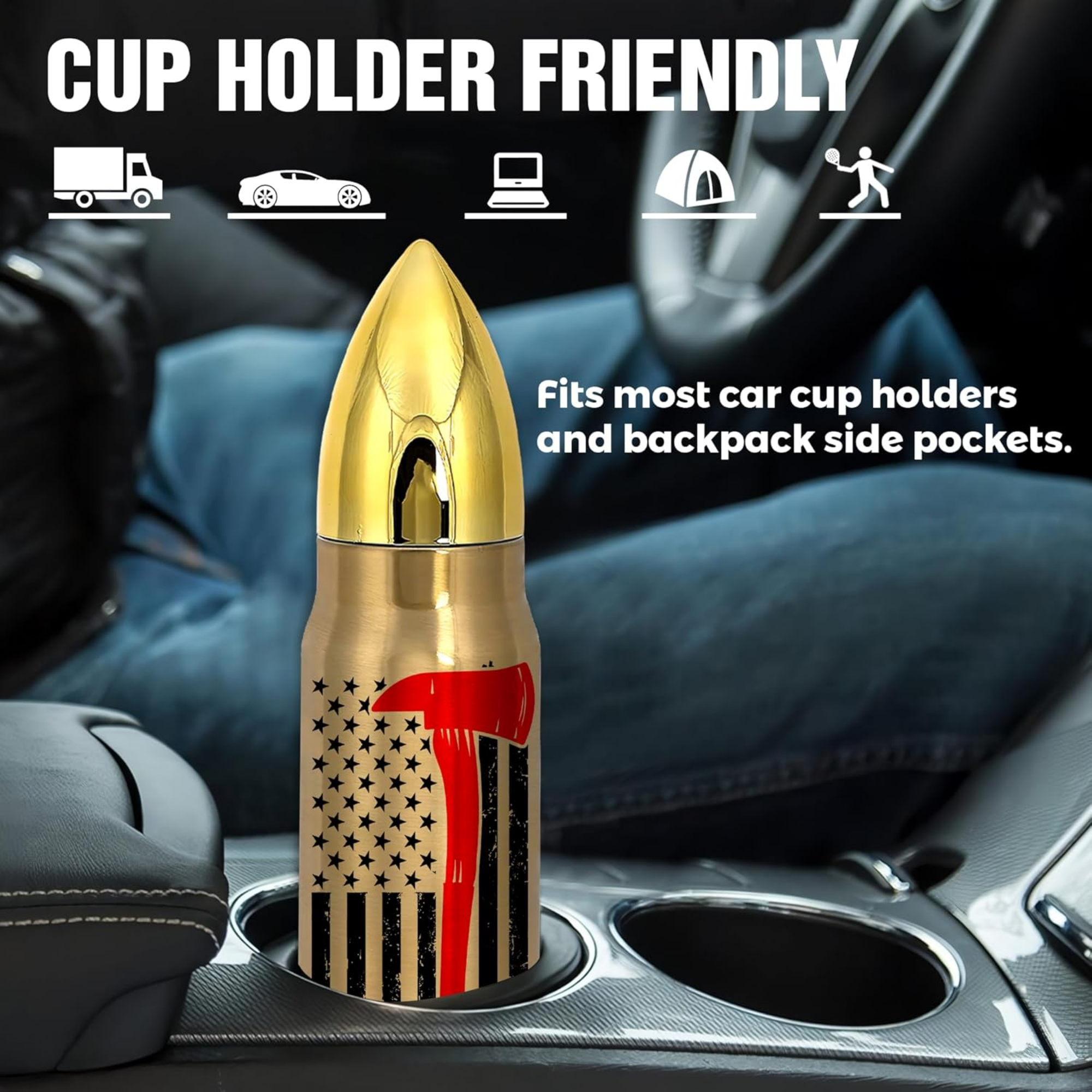 Firefighter Bullet Tumbler - 16oz Insulated American Flag Axe Bottle