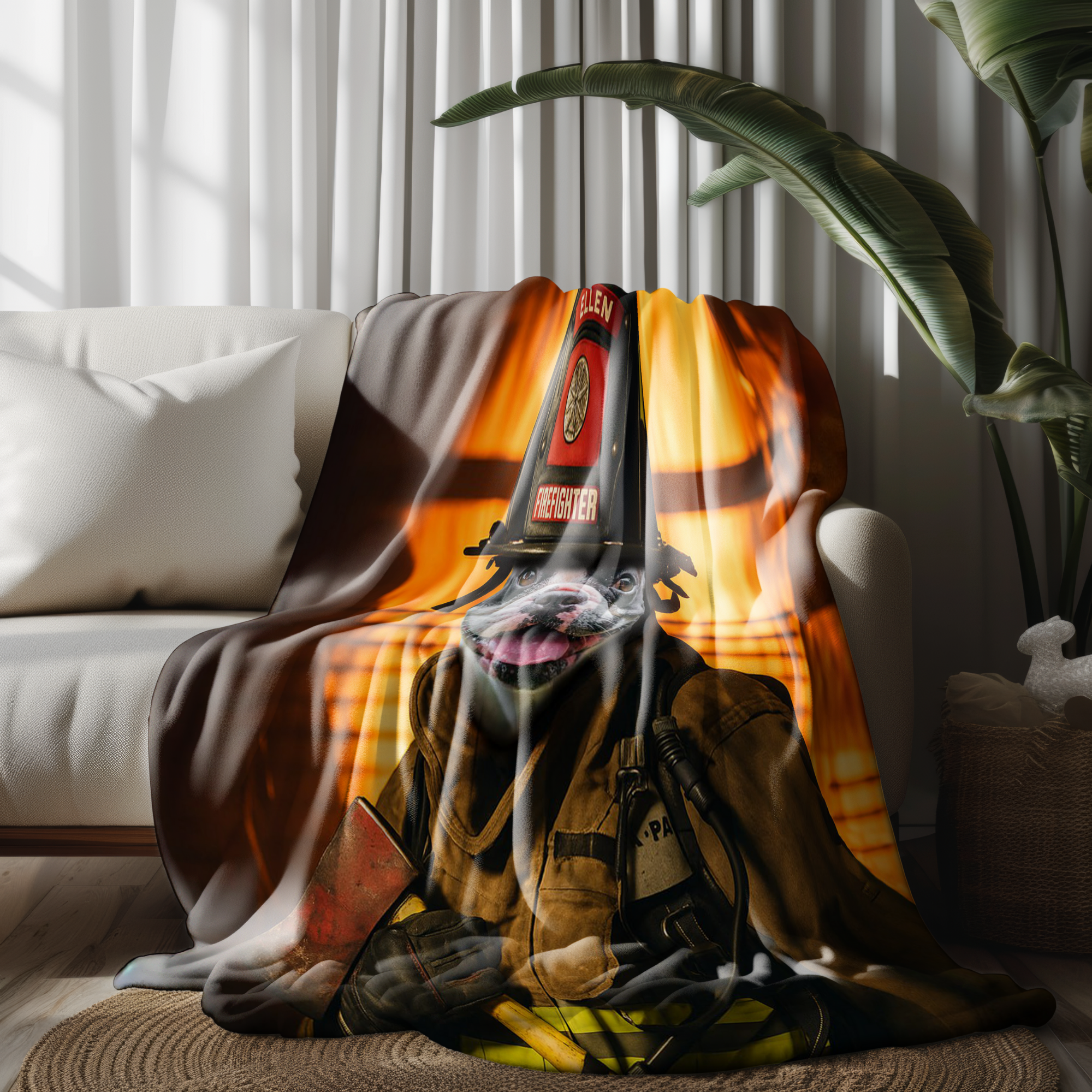 Custom Pet Photo Firefighter Blanket - Fire Background Action Style