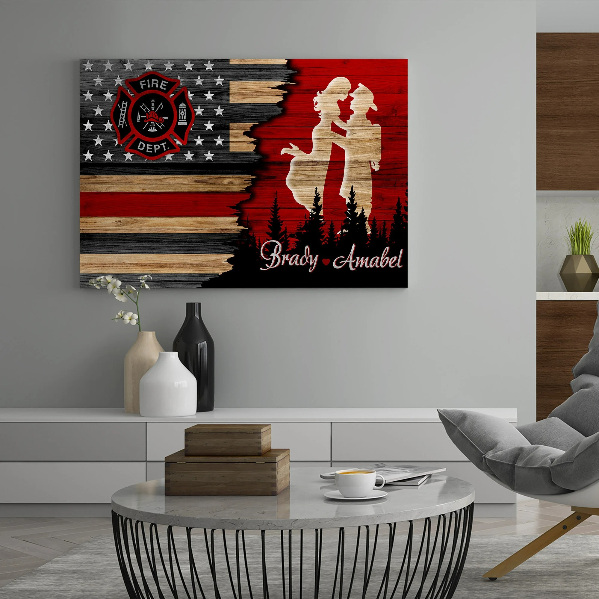 Firefighter Couple Canvas - Personalized Names Thin Red Line Wall Art