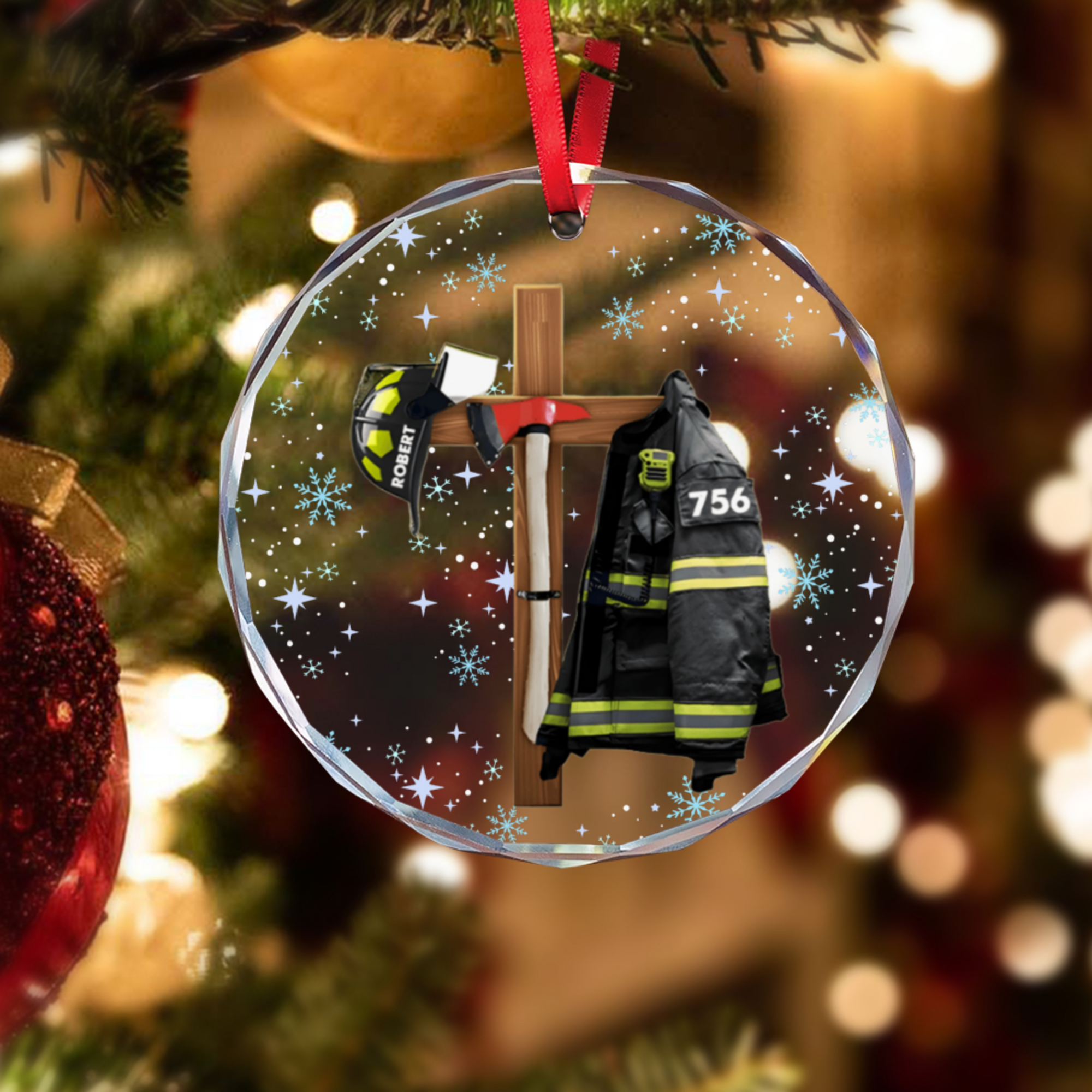 Custom Christian FireFighter Ornament - Personalized Name Number Glass Ornament